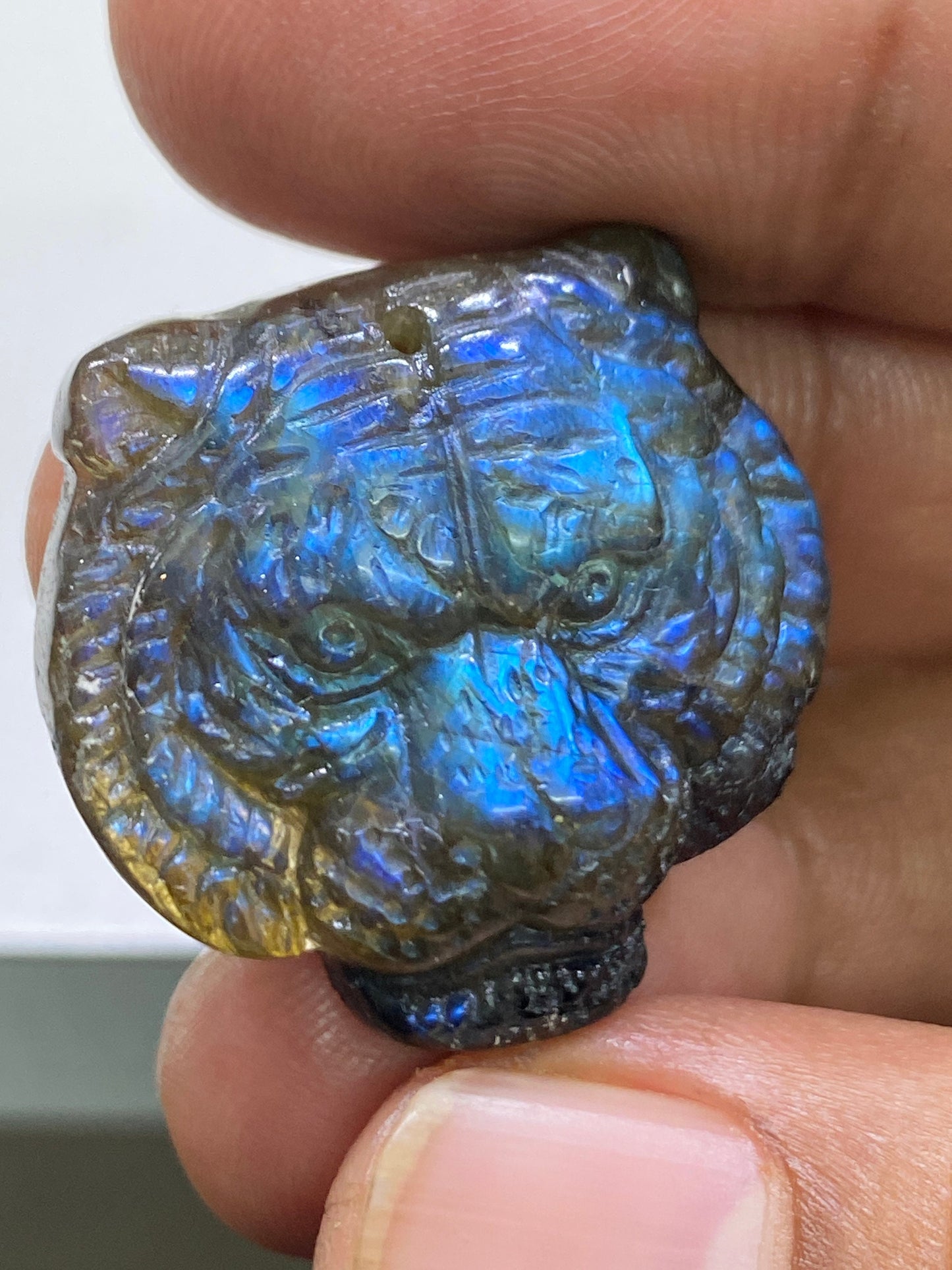 Enchanting Rare Natural AAA Blue fire labradorite tiger face carving drilled top for pendant wt 48 cts size 28mm tiger face carving