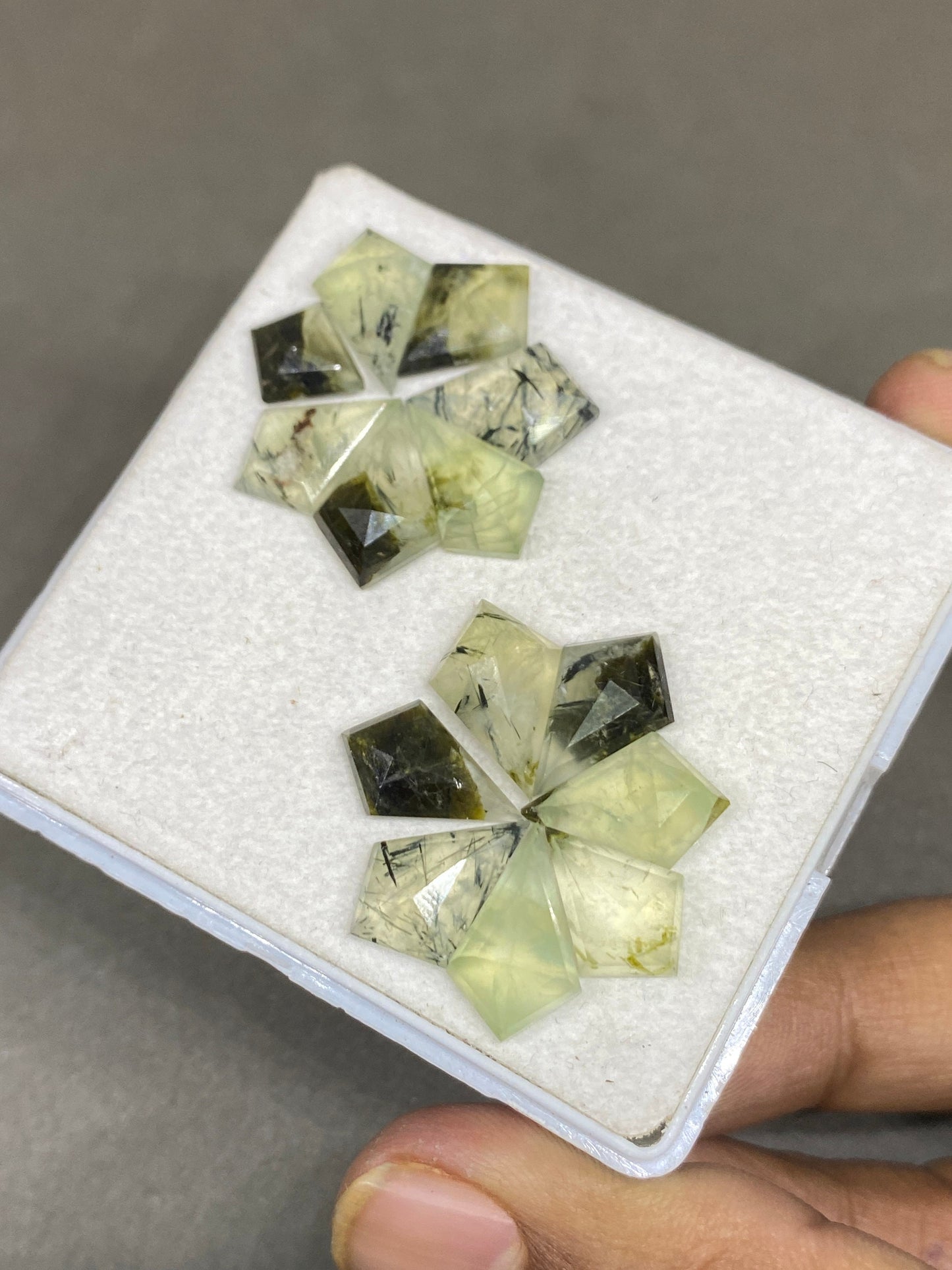 Attractive rutile stepcut gems green prehnite kite stepcut pcs 14 weight 43 cts size 10.9x9.5-15x10mm prehnite step cut