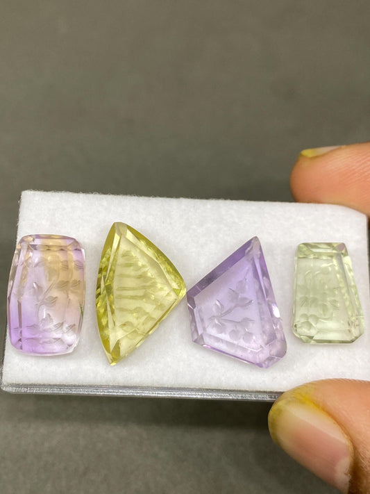 Mesmerising AAA Ametrine lemon quartz green amethyst intaglio carving cutstones wt 35 carats pcs 4 good size 14x10-20x13mm gemstone carving