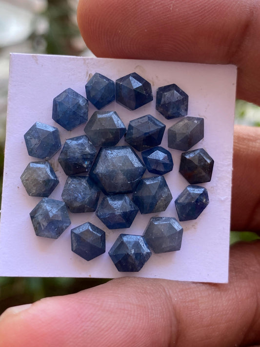 Rare blue sapphire hexagon step cuts  wt 30.80 cts  Pcs  21 size 5.5x4.8mm-9.6x7.9mm blue sapphire stepcut hexagon flatbacks