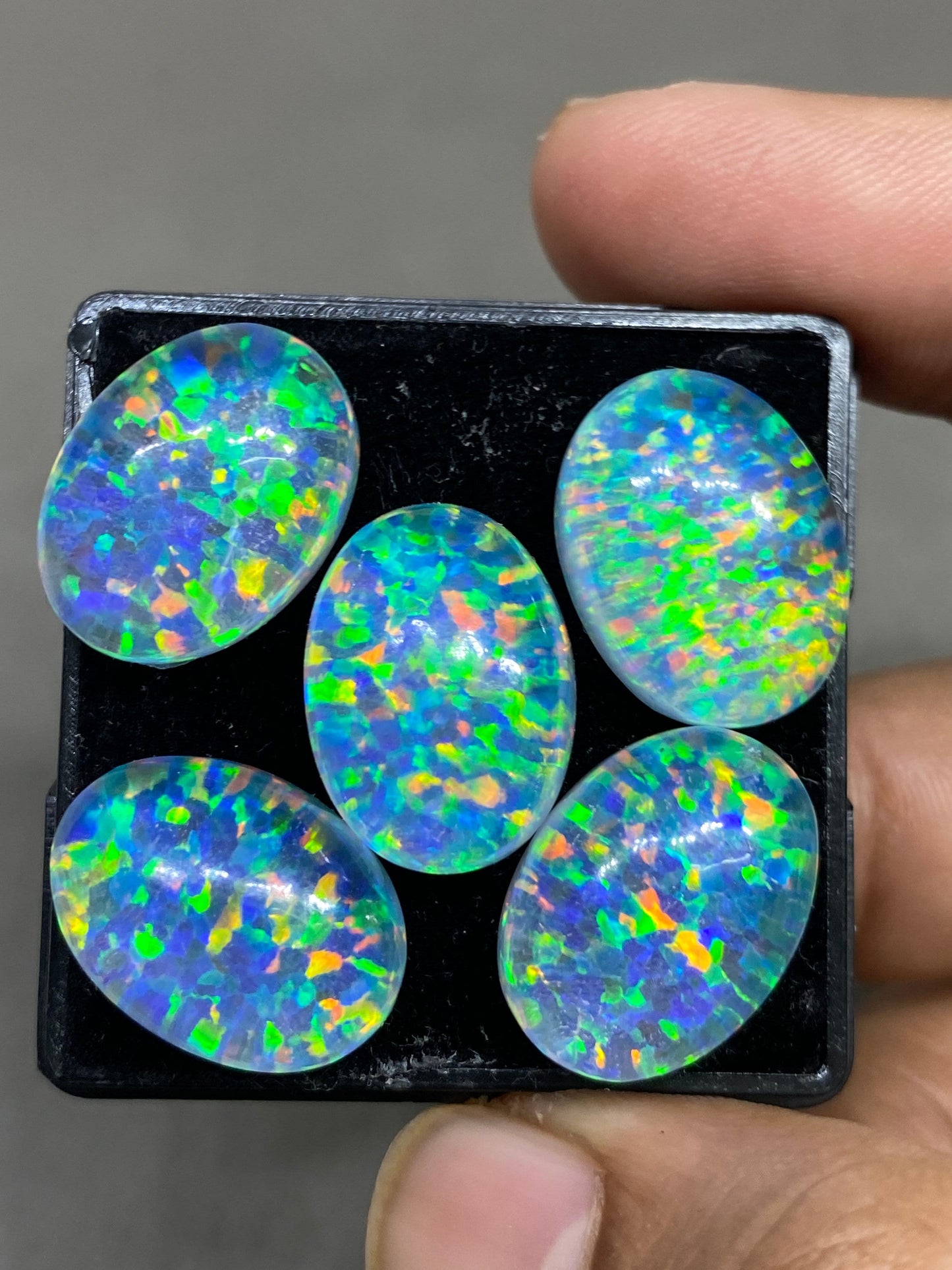 Awesome Multi fire blue aurora opal and crystal doublet oval smooth cabochons pcs 5 wt 72 carats rare size 18x13mm ring pendant supply