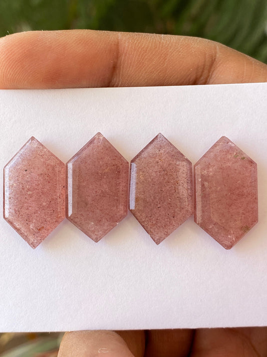 Mesmerising rare big strawberry quartz hexagon mirror cut weight 42 cts pcs 4 size 23x13-24x13mm Pink quartz mirror cut hexagon