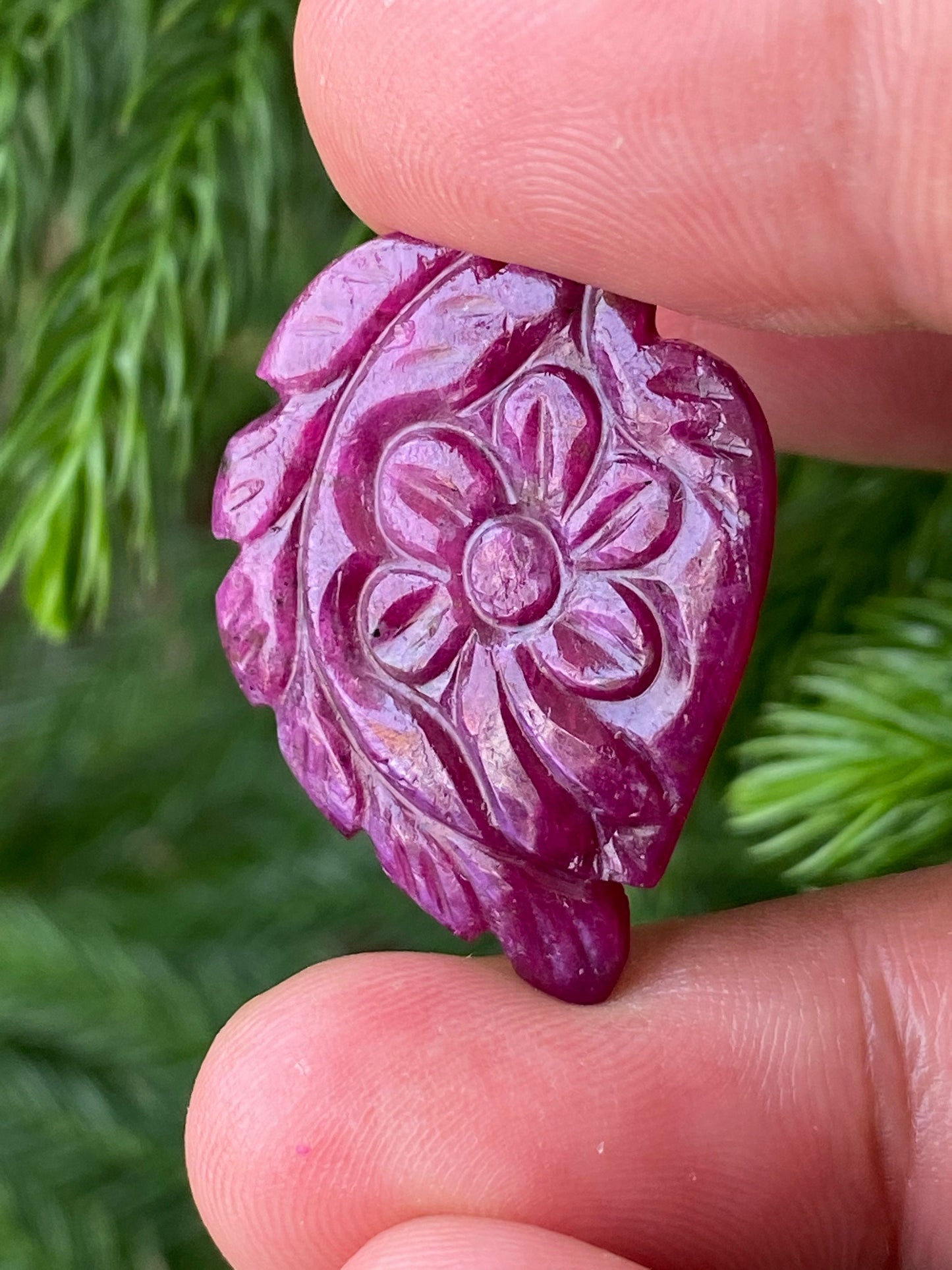 Gorgeous very rare huge size natural ruby handmade flower carving weight 24 carats size 31x24mm ideal for pendant ruby leaf carving