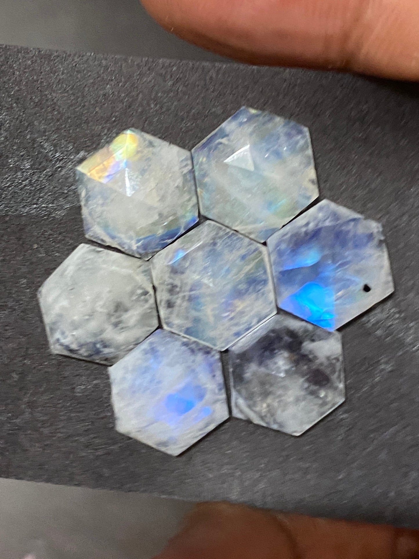 Fabulous rare Blue fire white rainbow moonstone faceted rosecut hexagon pcs 7 wt 36 cts size 12mm-13mm fire rainbow moonstone