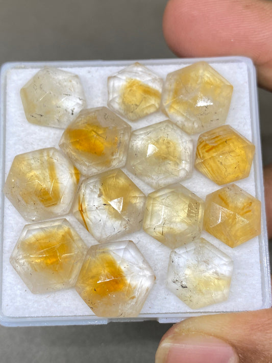 Gorgeous rare bi color citrine hexagon step cut weight 71 carats  pcs 13 size  10m-13mm citrine step cut hexagon