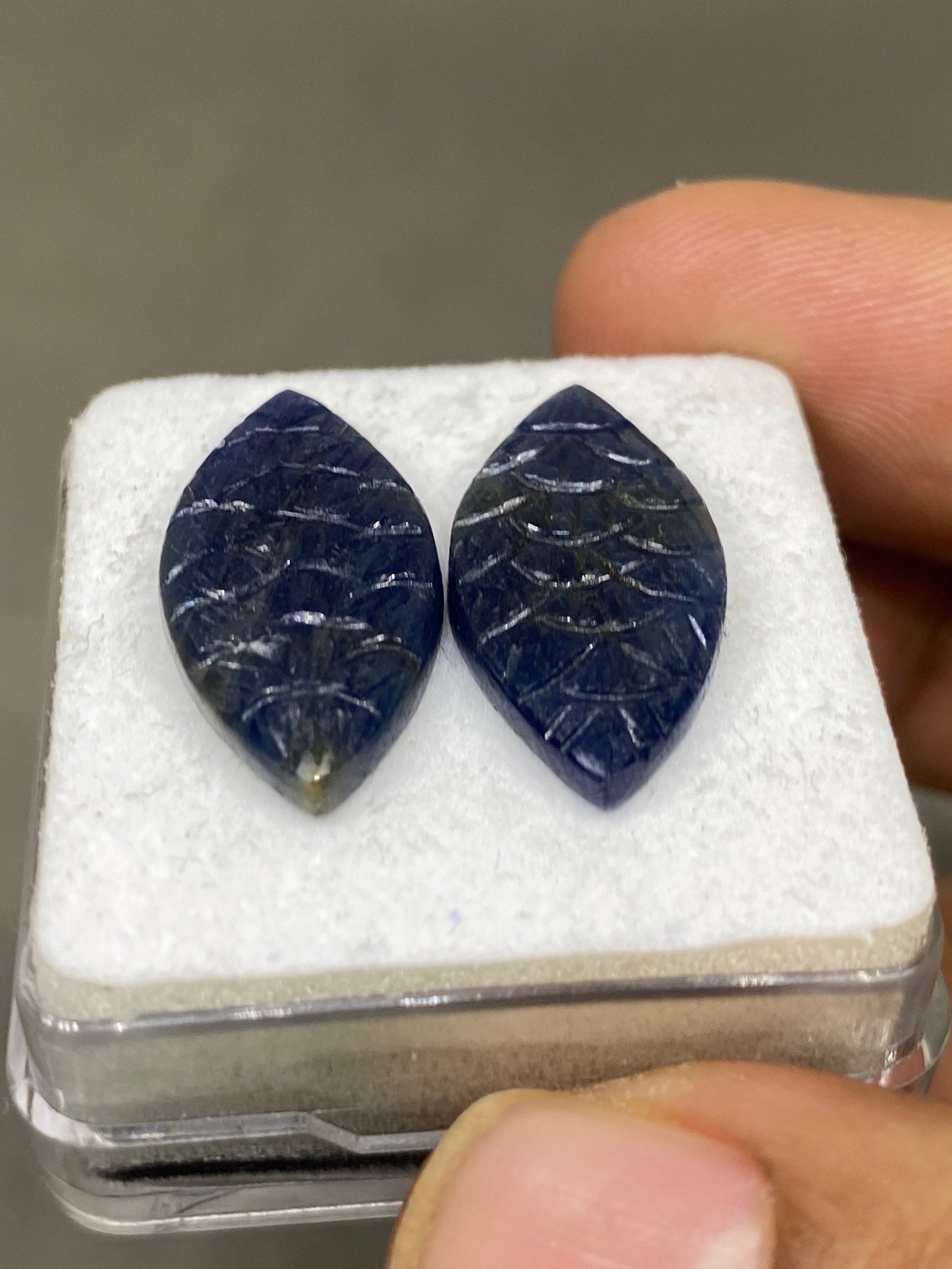 Gorgeous rare blue sapphire leaf carving fine quality pcs 2 wt 24 cts size 23x12mm sapphire carving matched pair sapphire earring