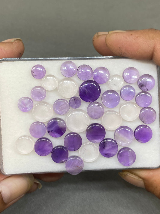 Eye catching fine quality amethyst rose quartz coin shape flat cabochons weight 88 carats size 6mm-12mm pcs 36 buttons smooth polished