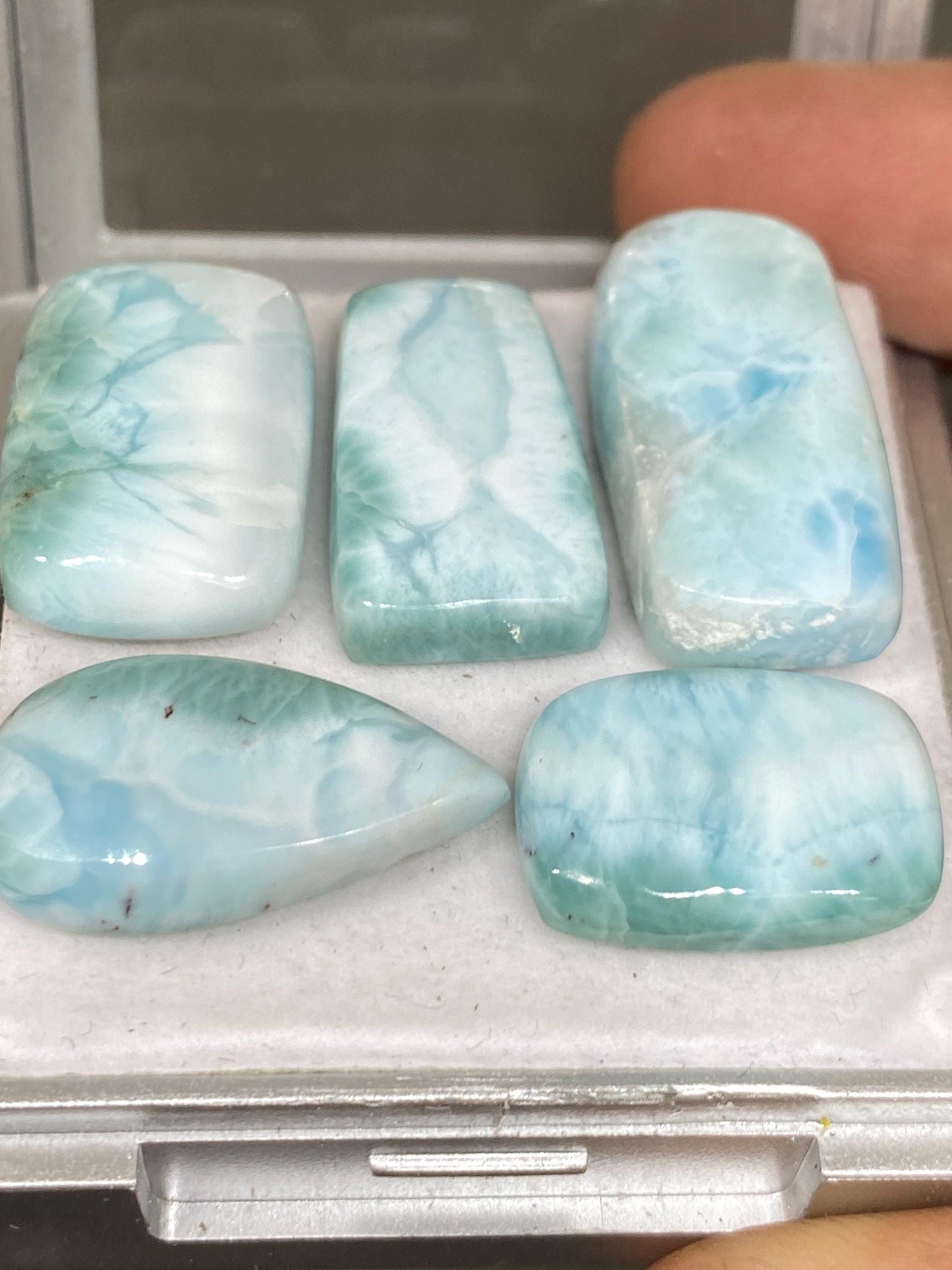 Mesmerising rare Smooth Larimar cabochons pcs 5 pendant supply  wt 95.40 carats size 19x14mm-22x13mm natural Larimar cabochons fancy shape