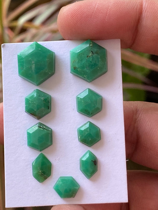 Dazzling chrysoprase hexagon stepcut wholesale lot Pcs 9 weight 30 carats size 9x7.1mm-15x12.8mm chrysoprase stepcut