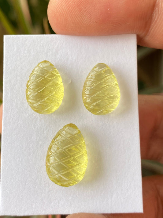 Wow Natural lemon quartz green gold hand carved earring pendant set wt 18 cts pcs 3 size 14x10mm-16x11mm lemon quartz carving gemstone set