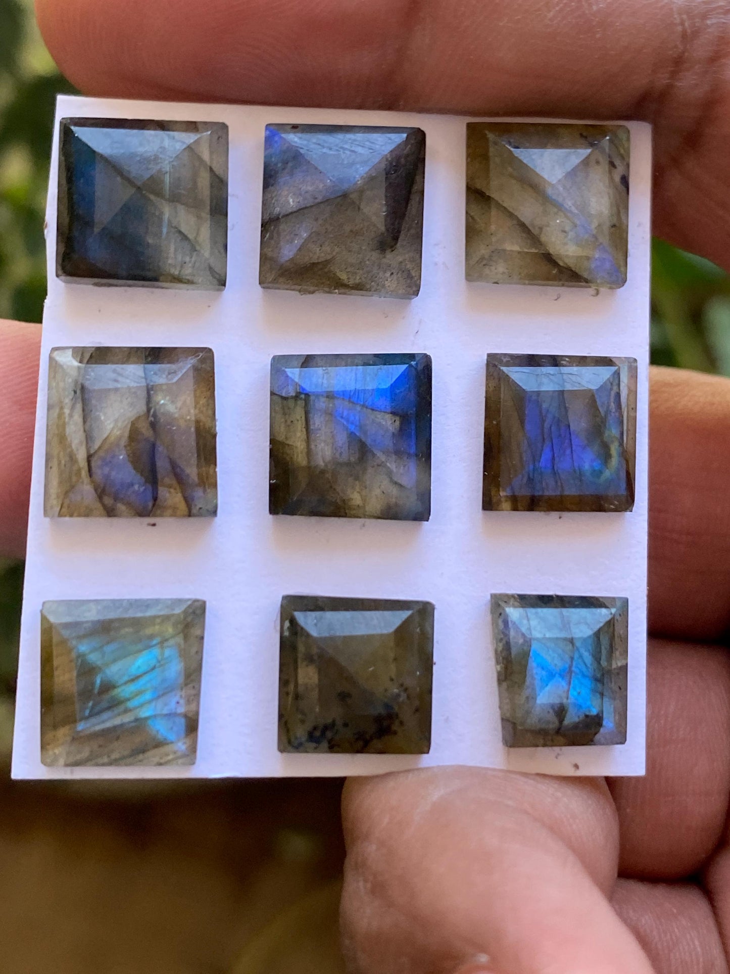 Dazzling rare blue fire labradorite square stepcut flatbacks wt 46.50 carats pcs 9 size 10-12mm labradorite hexagon stepcuts geometric gems