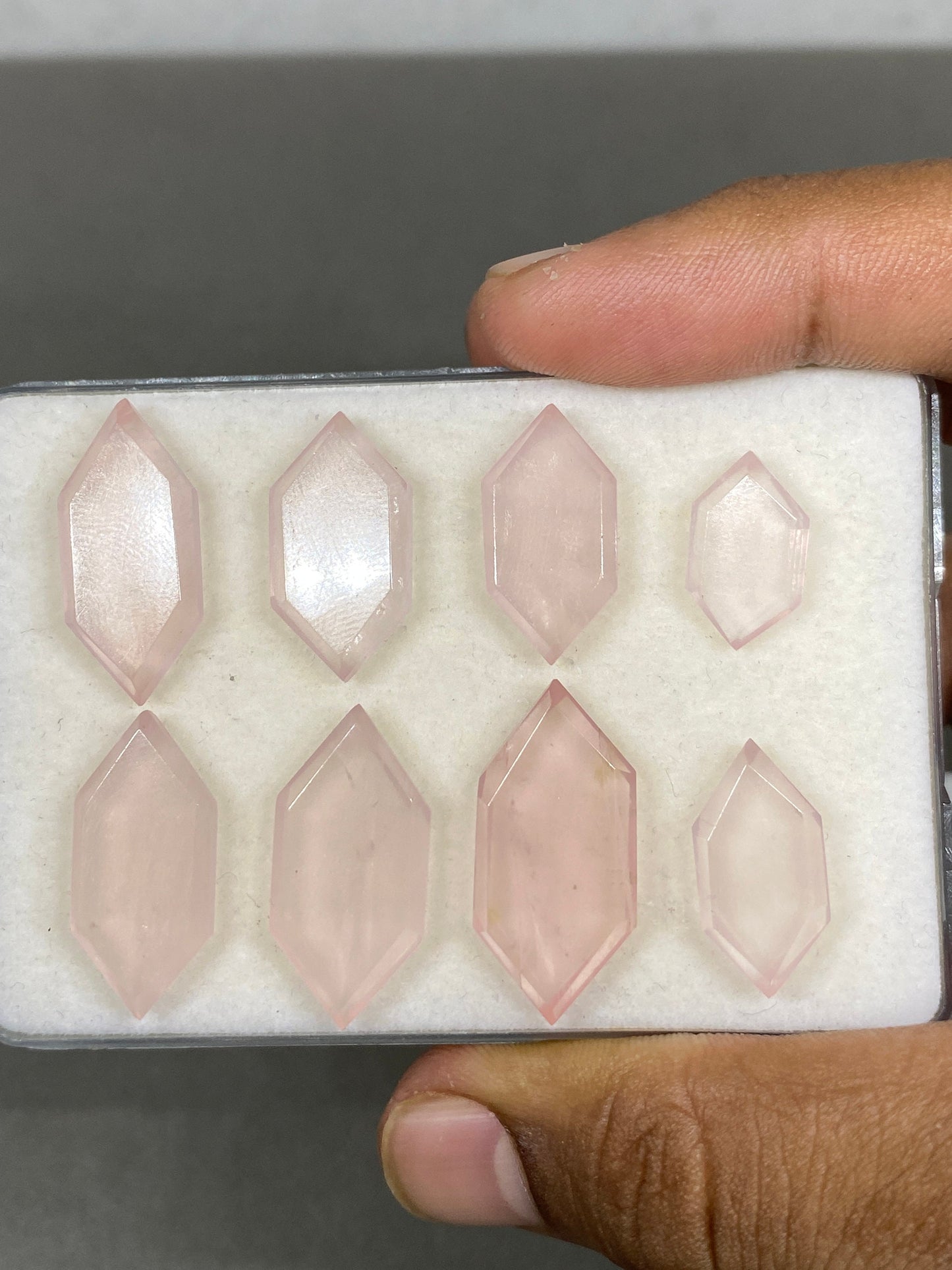 Stunning rare rose quartz hexagon mirror cut weight 76 cts pcs 8 size 16x10mm-28x13mm rose quartz stepcut hexagon