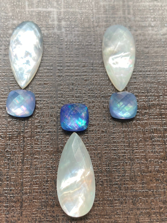 Vivacious rare Mother of Pearl pear shape large size rosecut and aurora opal cushion doublet facted  flats size 8mm-21x10mm wt 27 cts pcs 6