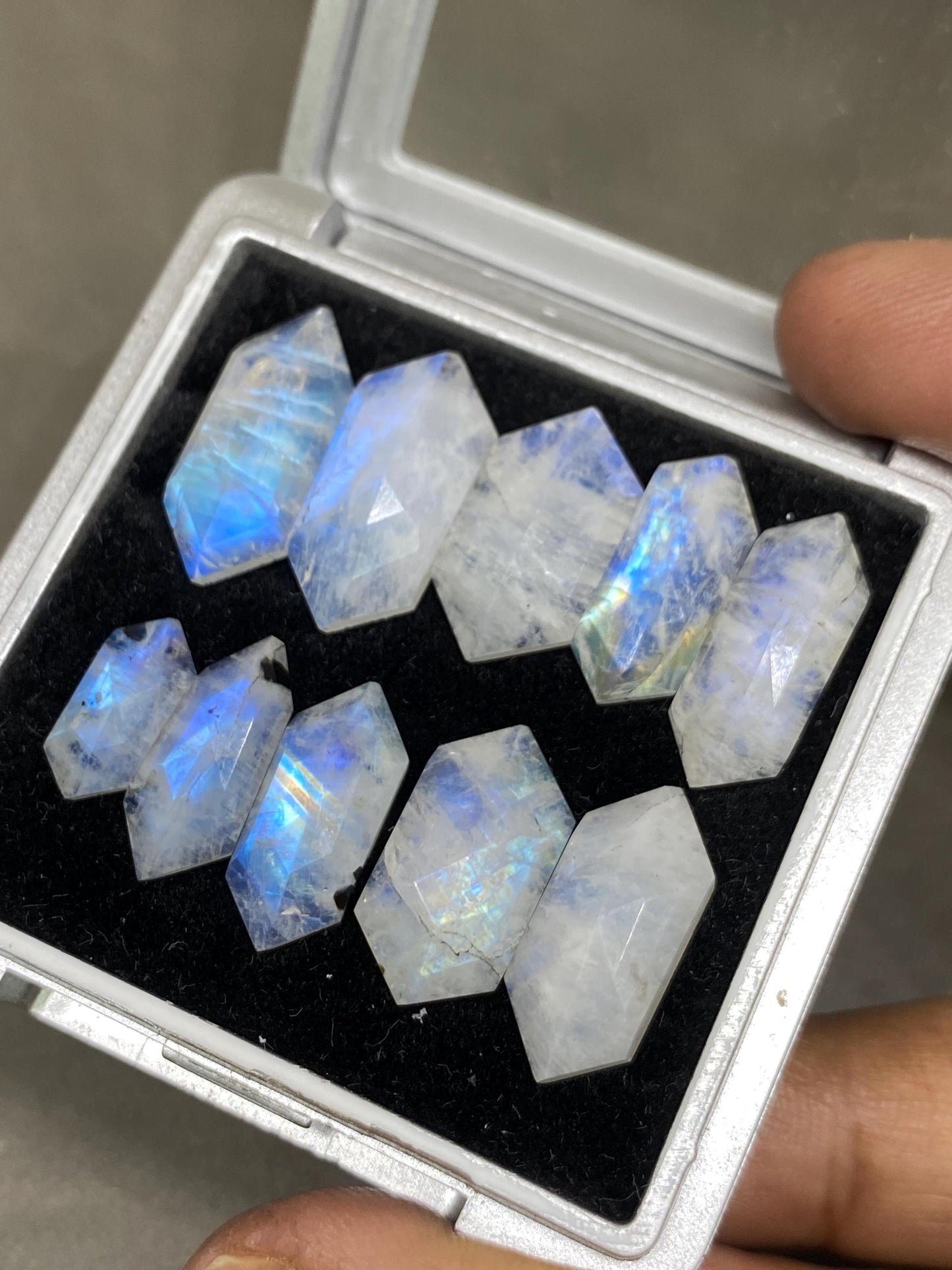 Blue fire white rainbow moonstone hexagon faceted step cut pcs 10 wt 47 cts size 12x5mm-19x8mm fire rainbow moonstone