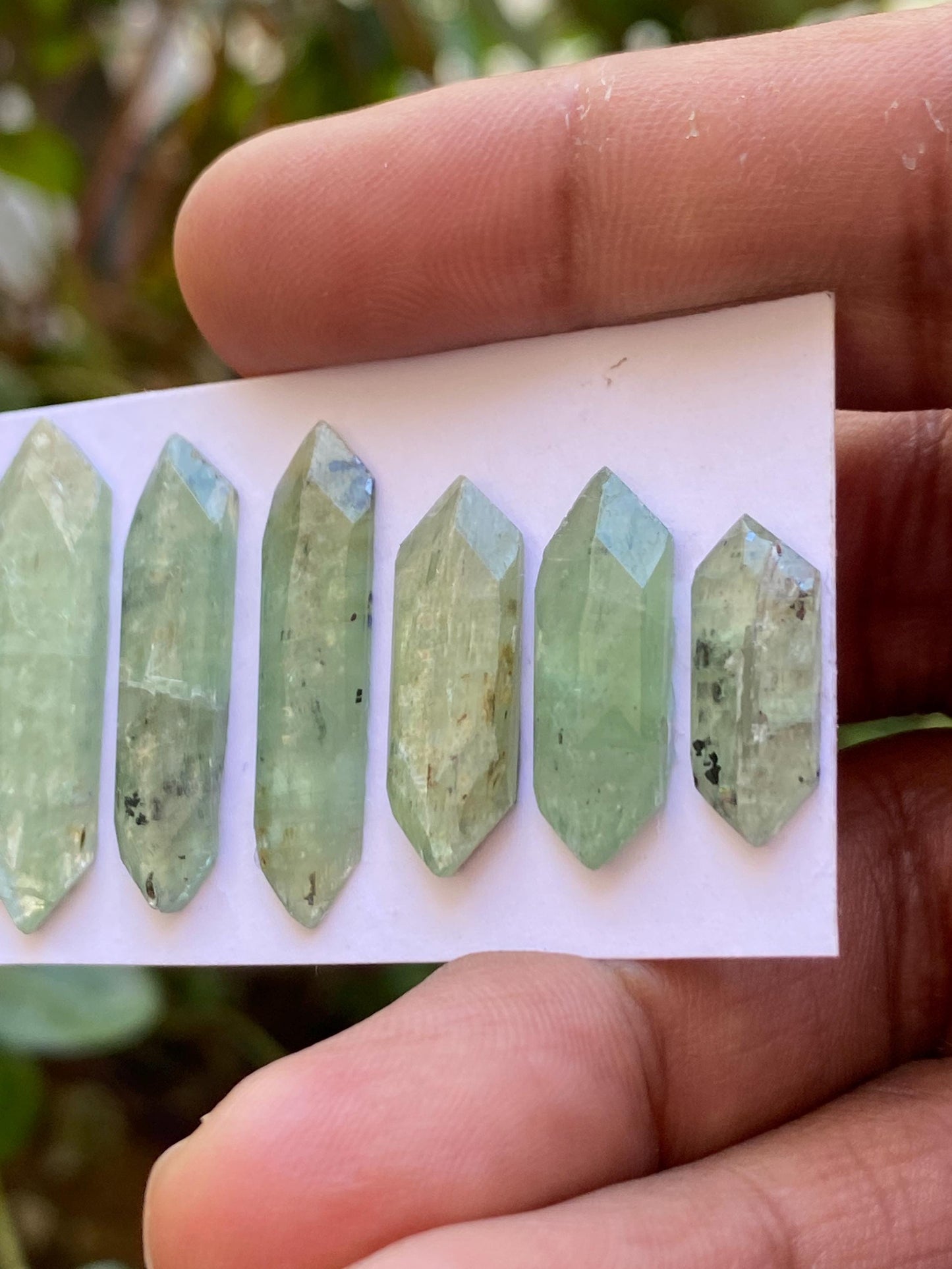 Stunning rare moss green kyanite hexagon elongated flats fine quality size 17x6-21x8mm wt 42.9 cts pcs 6 moss green hexagon