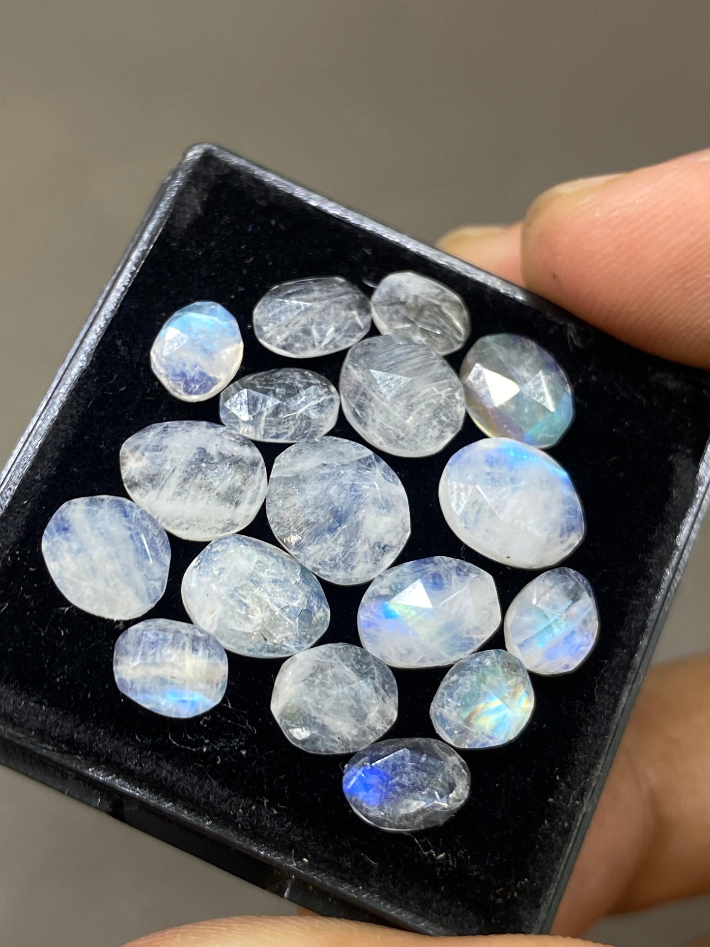 Nice Blue fire rainbow moonstone unusual faceted rosecut pcs 17 wt 19 cts size 6x5mm-9x8mm beautiful fire rainbow moonstone facted