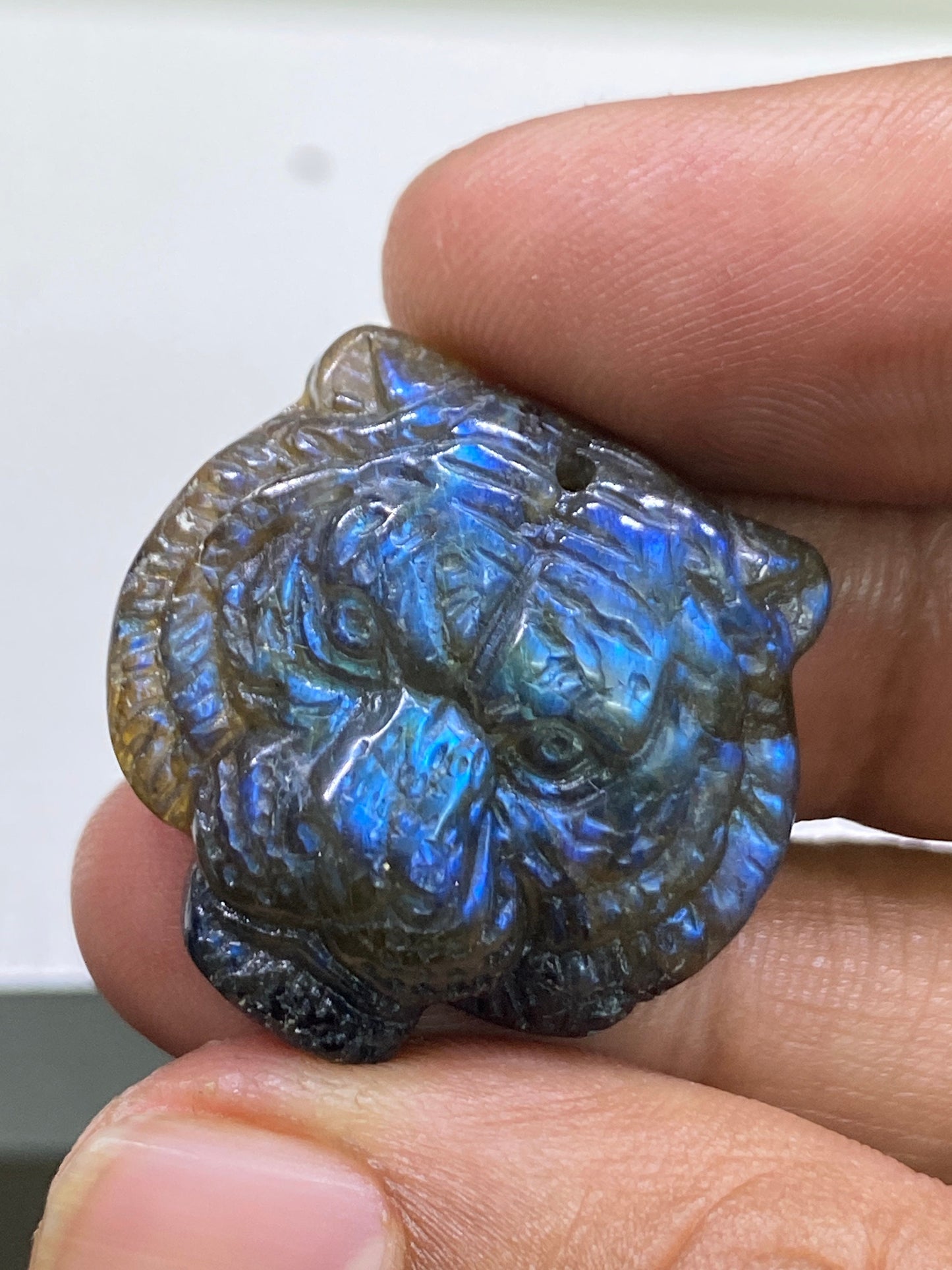 Enchanting Rare Natural AAA Blue fire labradorite tiger face carving drilled top for pendant wt 48 cts size 28mm tiger face carving