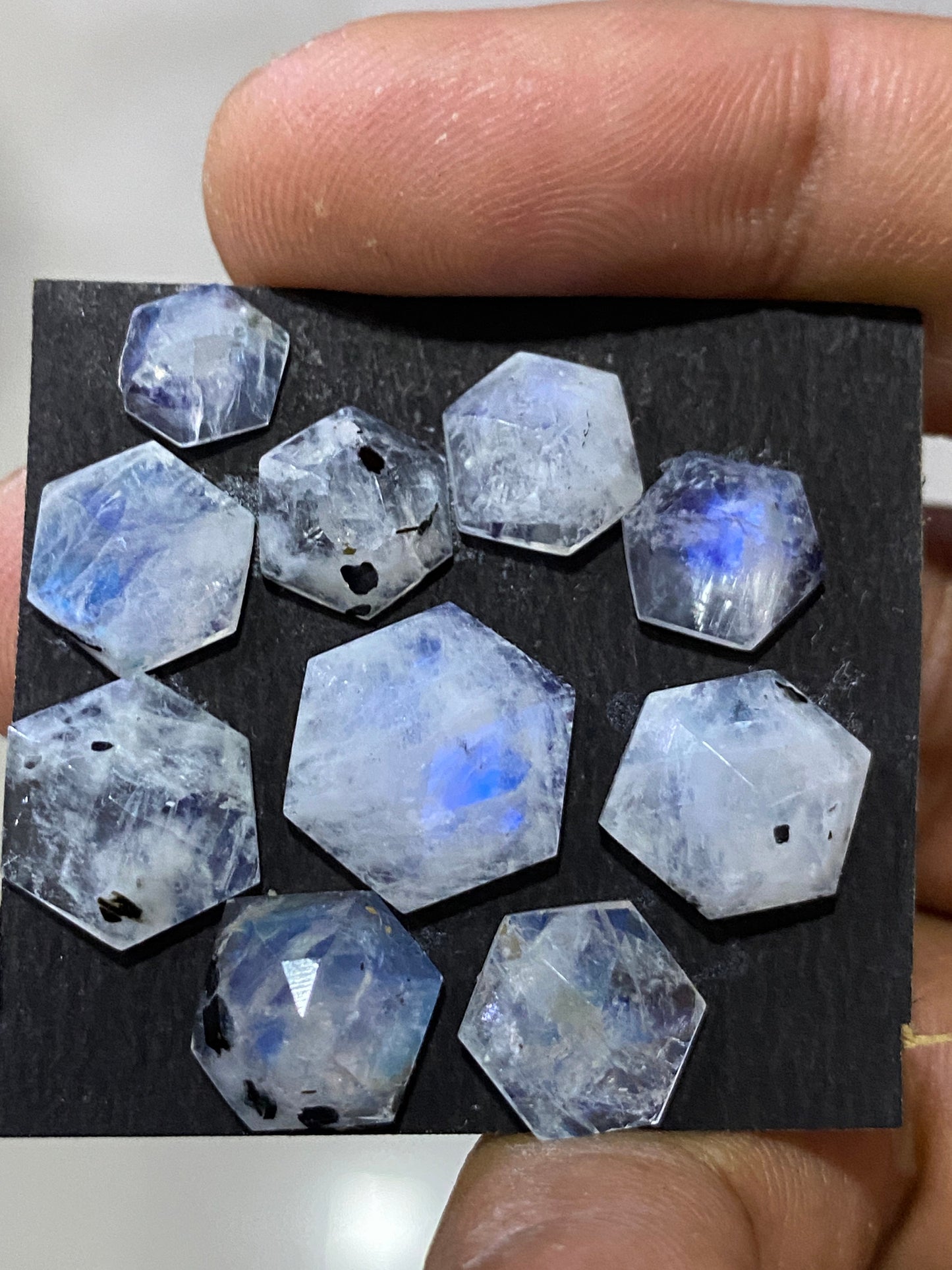 Mesmerising rare Blue fire white rainbow moonstone faceted rosecut hexagon pcs 10 wt 29 cts size 8mm-14mm fire rainbow moonstone