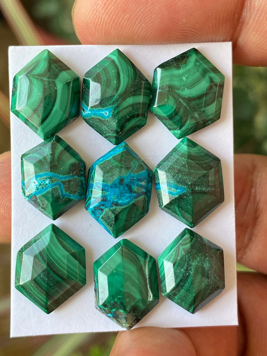 Amazing rare malachite chrysocolla hexagon stepcut wholesale lot weight 55 carats pcs 9 size 14x11mm-16x11mm flatback gems