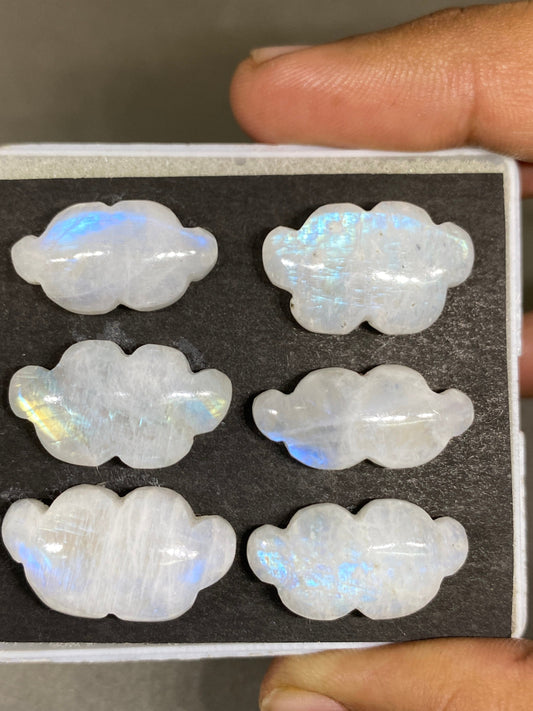 Stunning rare white moonstone cloud carving  blue fire moonstone   carving pcs 6 wt 106 cts size 22x12-25x14mm  moonstone cloud carving