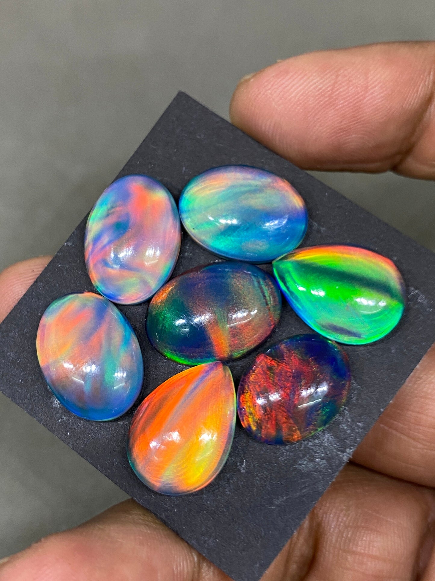 Fantastic Multi fire orange aurora opal and crystal doublet oval smooth cabochons pcs 7 Wt 66 carats  size 16x12-18x14mm ring pendant supply