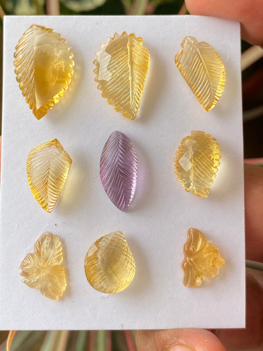 Vivacious Natural citrine amethyst hand carved wholesale lot wt 65.5 cts pcs 9 size 14x10mm-23.5x14mm citrine carving gemstone carving