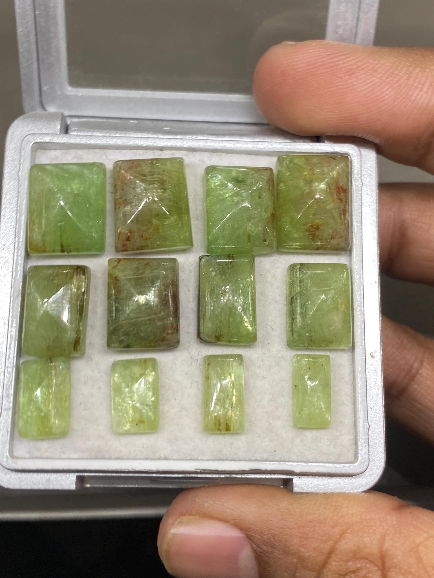 Lovely rare parrot green red moss kyanite sugar loaf  cabochons flats fine quality wt 86.70 size 10x5-14.8x11mm pcs 12 parrot green kyanite