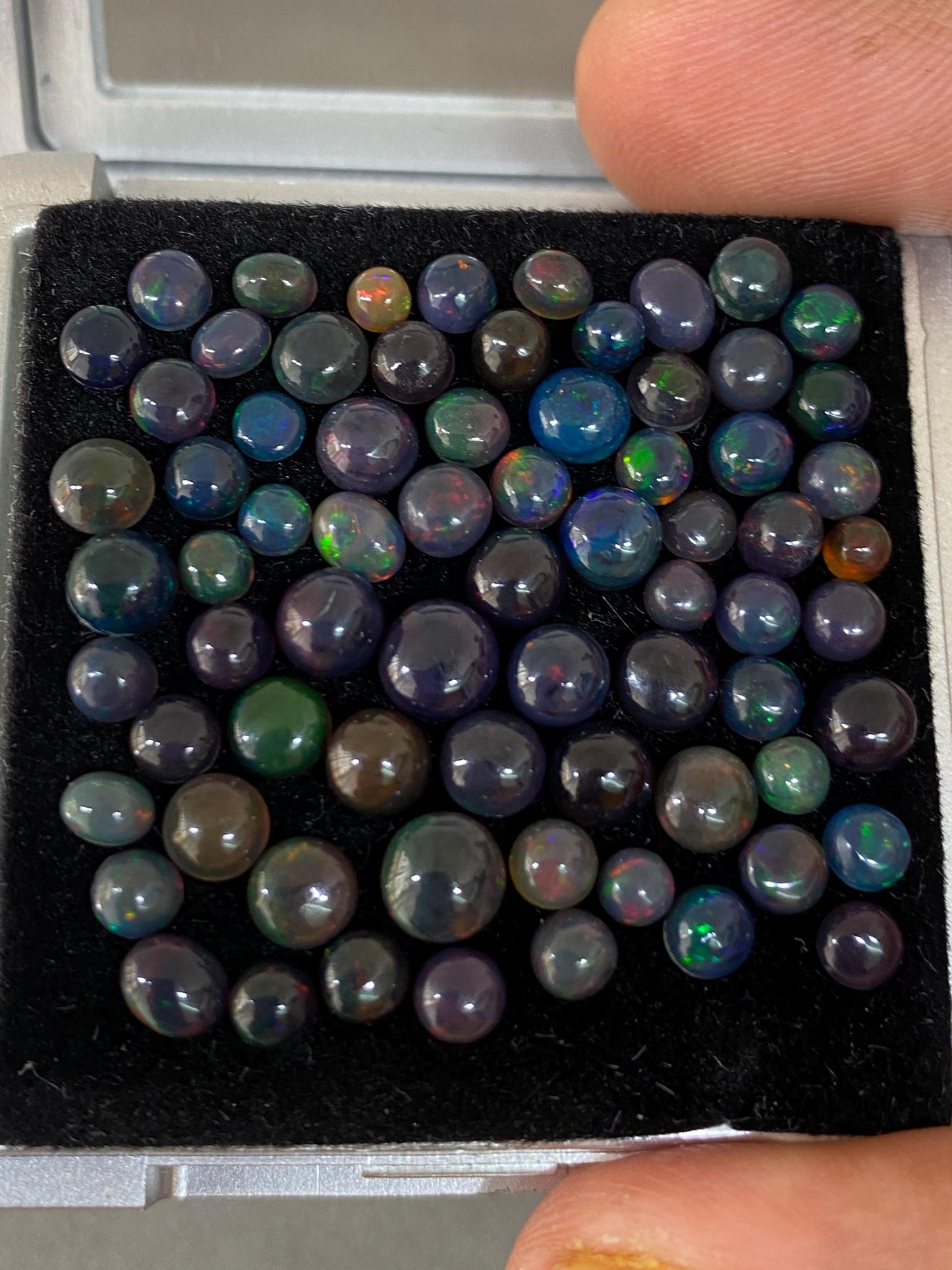 Fascinating Black opal (smoked) round opal Fire opal cabochons lot size wt 18.20 cts size 3mm-6mm pcs 71  fire black opals cabochons