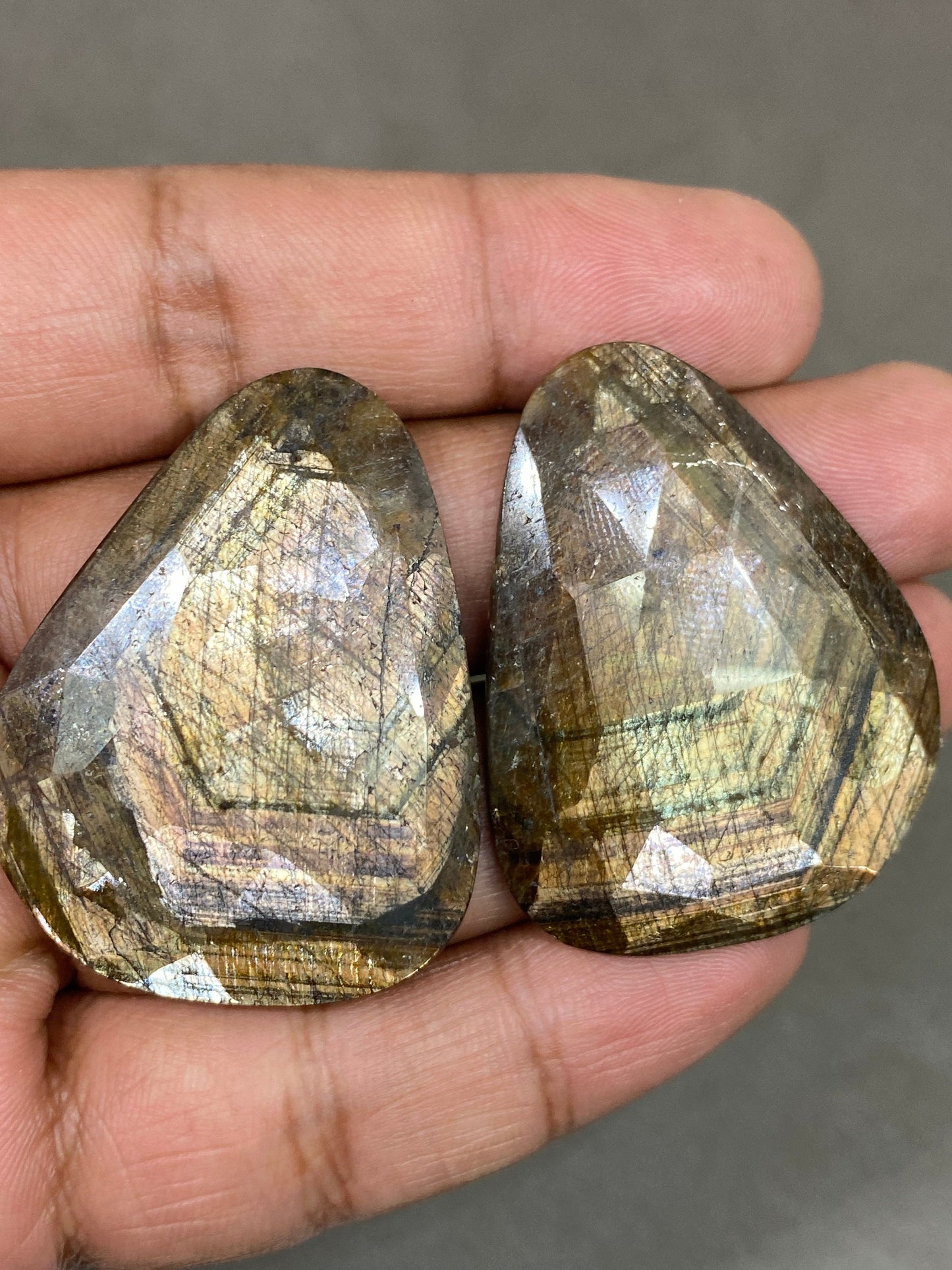 Extremely rare huge fancy shape golden sheen sapphires matched pair weight 164 cts size 43x35-45x35mm gold sheen sapphire rosecut pair