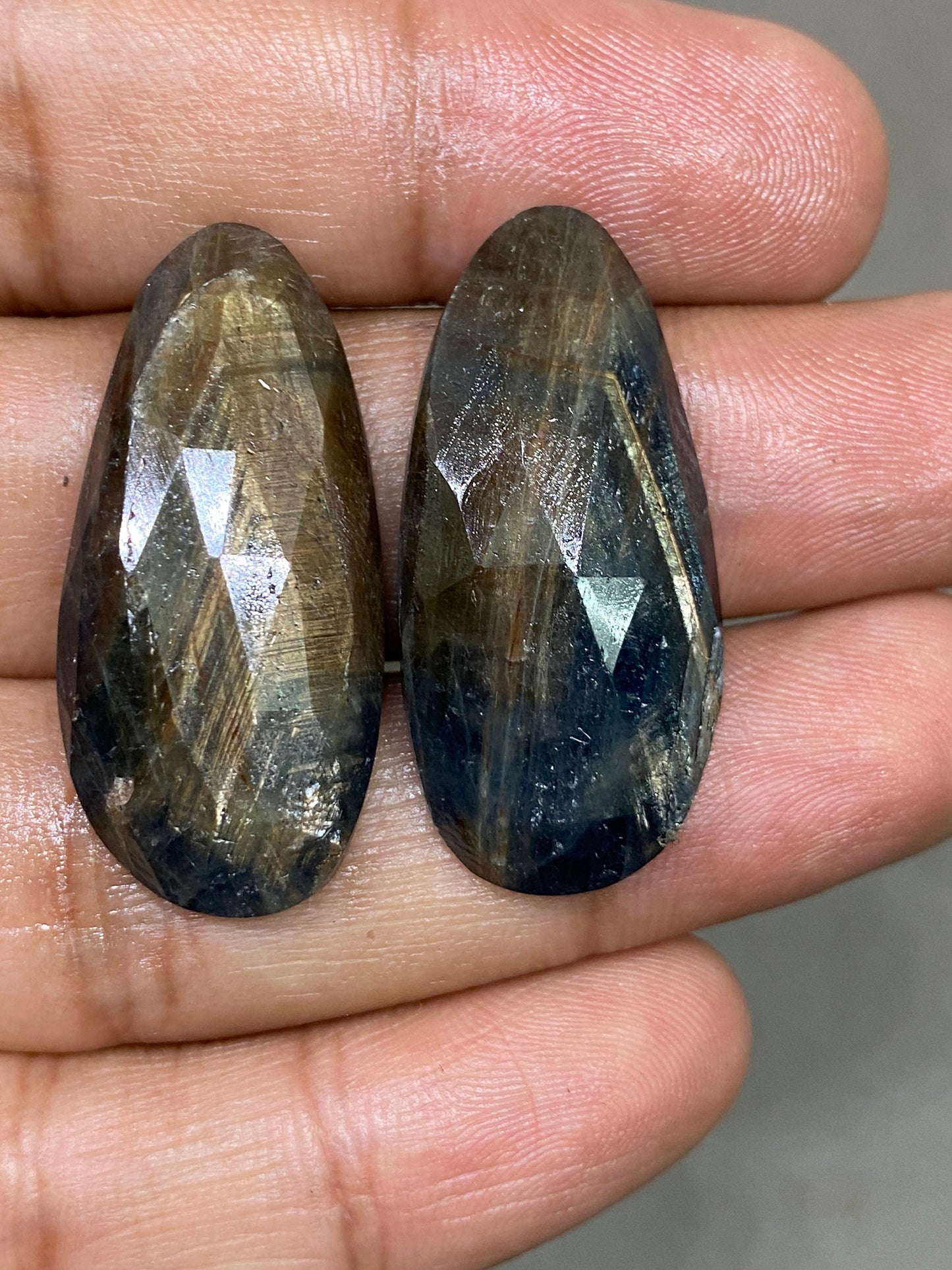 Mesmerising rare huge fancy shape golden Blue sheen sapphire designer matched pair wt 76cts size 36x17mm gold sheen sapphire rosecut