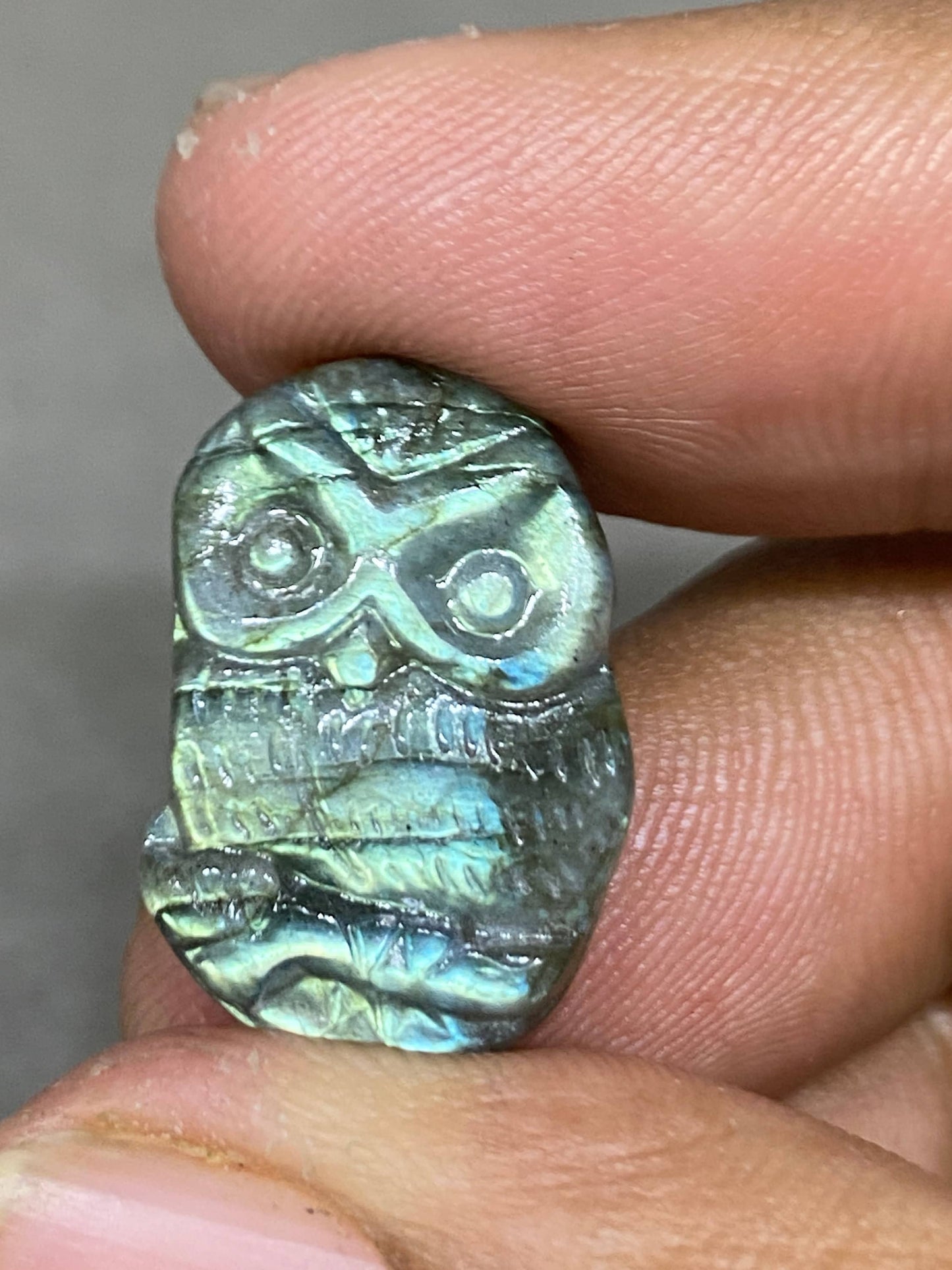 Cute Rare Natural AAA green fire labradorite owl carving  for pendant wt 14.60  cts size 22x14mm labradorite owl carving Halloween gift