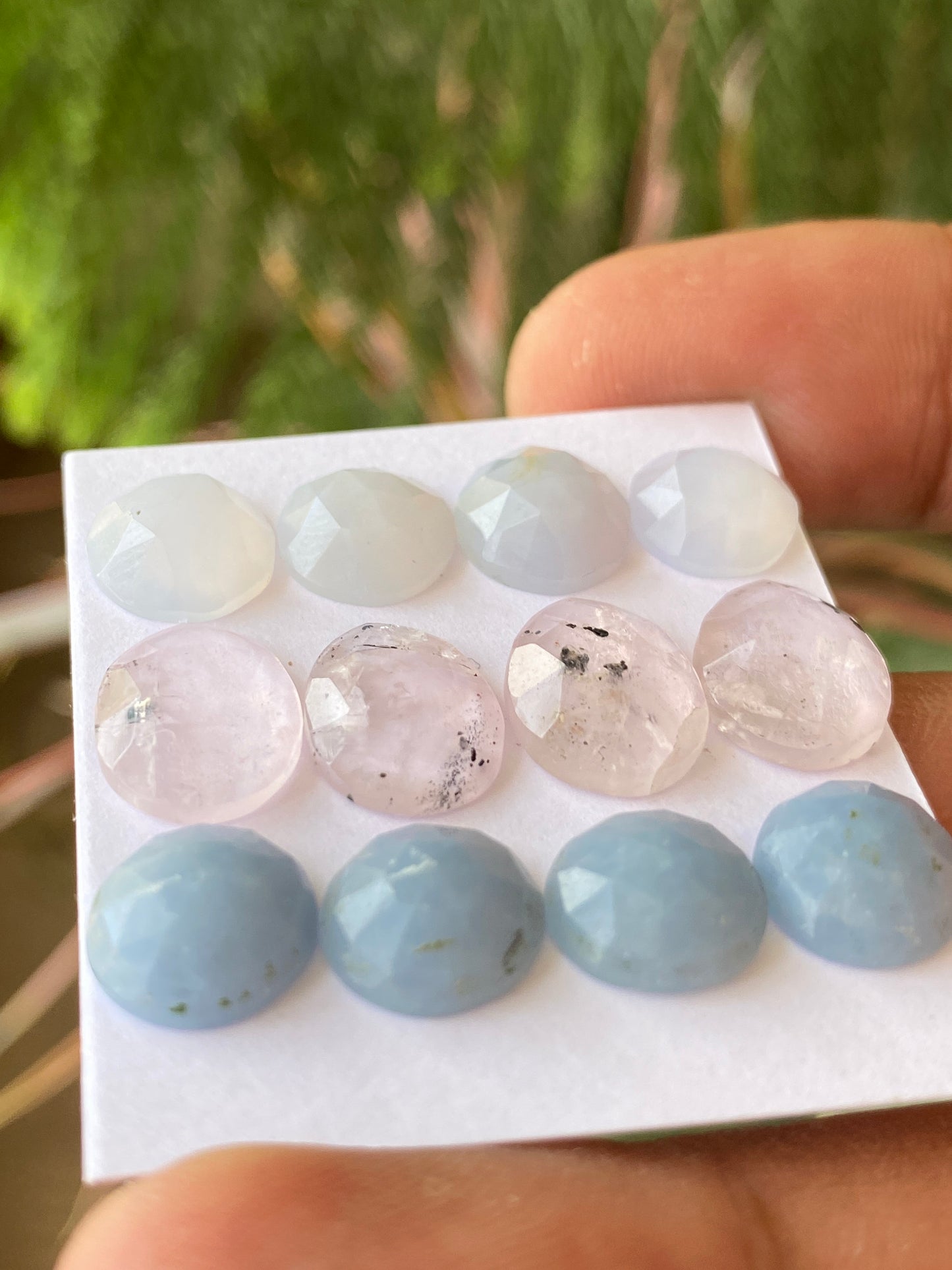 Chalcedony pink spot quartz and  angelite rosecut rounds and ovals pastel colors pcs 12 wt 35 carats size 10mm-12x10mm round oval rosecut