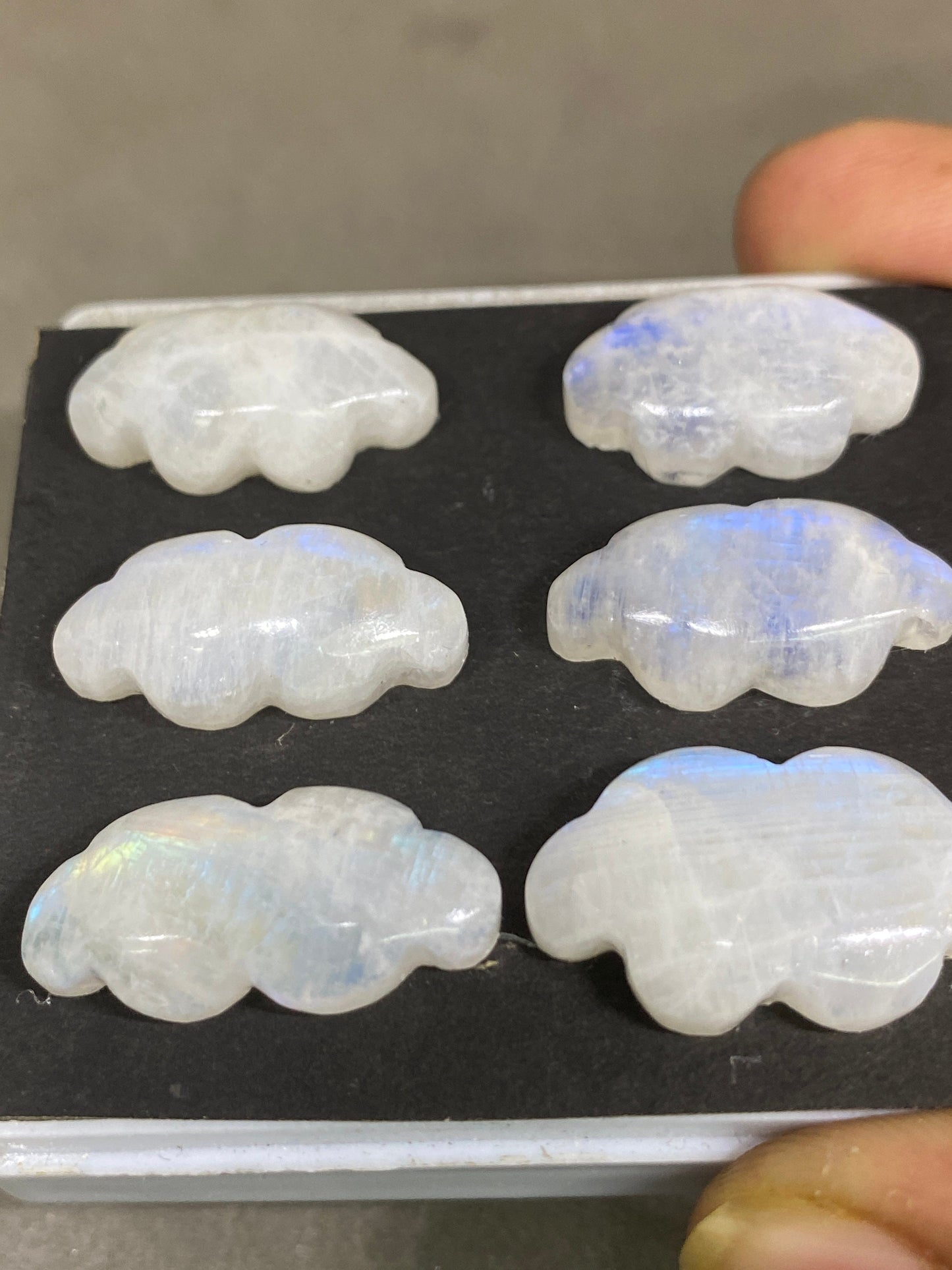 Gorgeous rare white moonstone cloud carving  blue fire moonstone   carving pcs 6 wt 103.5 cts size 22x13-27x15mm  moonstone cloud carving