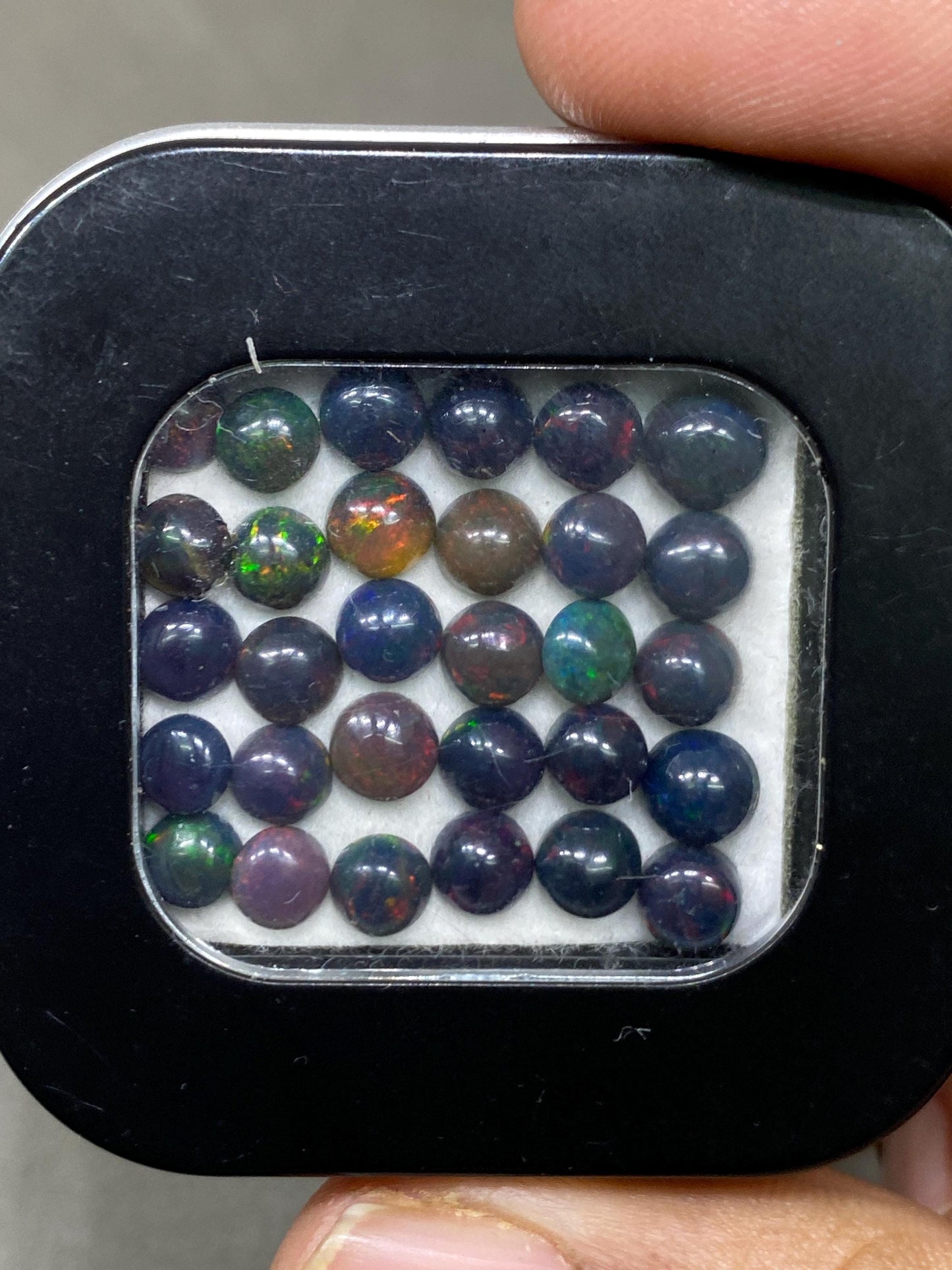 Lovely Rare Black opal (smoked) round opal Fire opal cabochons lot size wt 14 cts size 4.9mm-6mm pcs 36 fire black opals cabochons