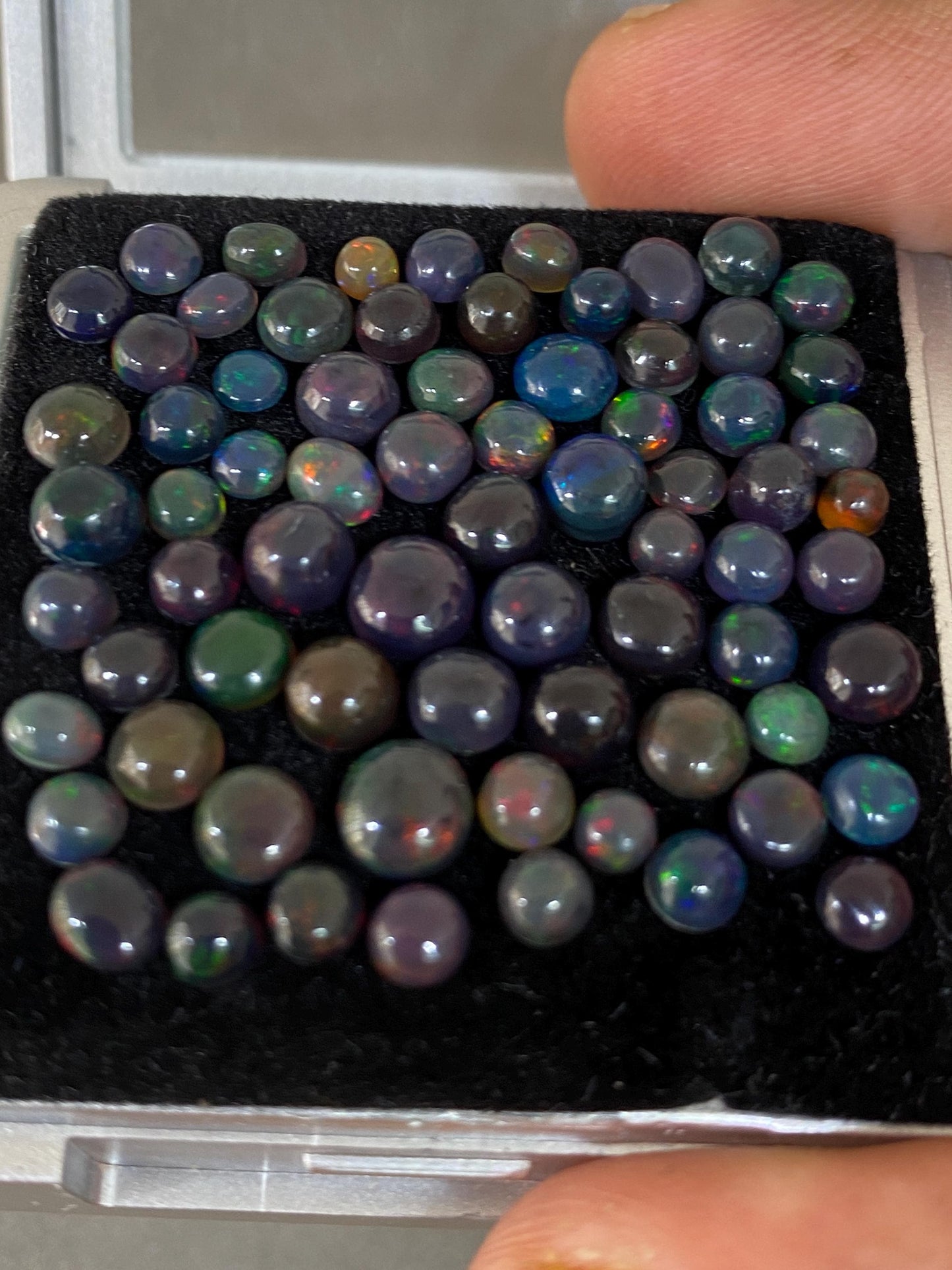 Fascinating Black opal (smoked) round opal Fire opal cabochons lot size wt 18.20 cts size 3mm-6mm pcs 71  fire black opals cabochons