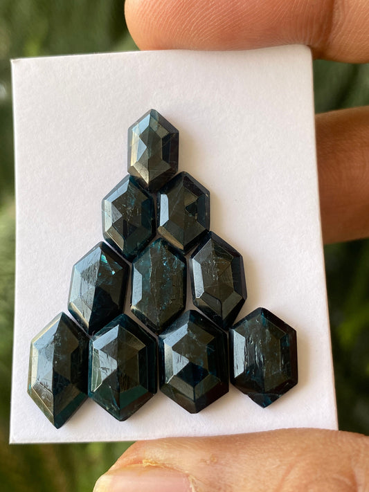 Dazzling rare teal kyanite hexagon stepcut flatback amazing quality lovely color weight 33 carats pieces 10 size 11.9x7-14x8mm teal kyanite