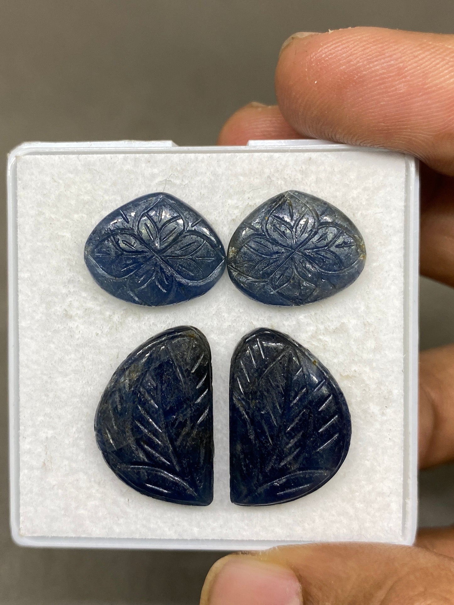 Very rare blue sapphire leaf carving fine quality pcs 4 wt 49 cts size 16x13-21x14mm sapphire carving unheated untreated sapphire earring