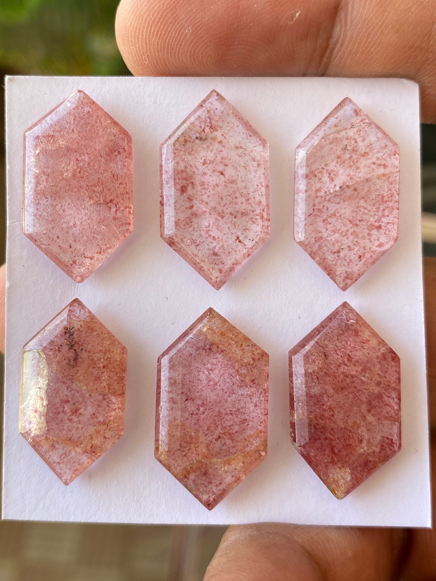 Mesmerising rare big strawberry quartz hexagon mirror cut weight 61.90 cts pcs 6 size 22x13-25x13mm Pink quartz mirror cut hexagon