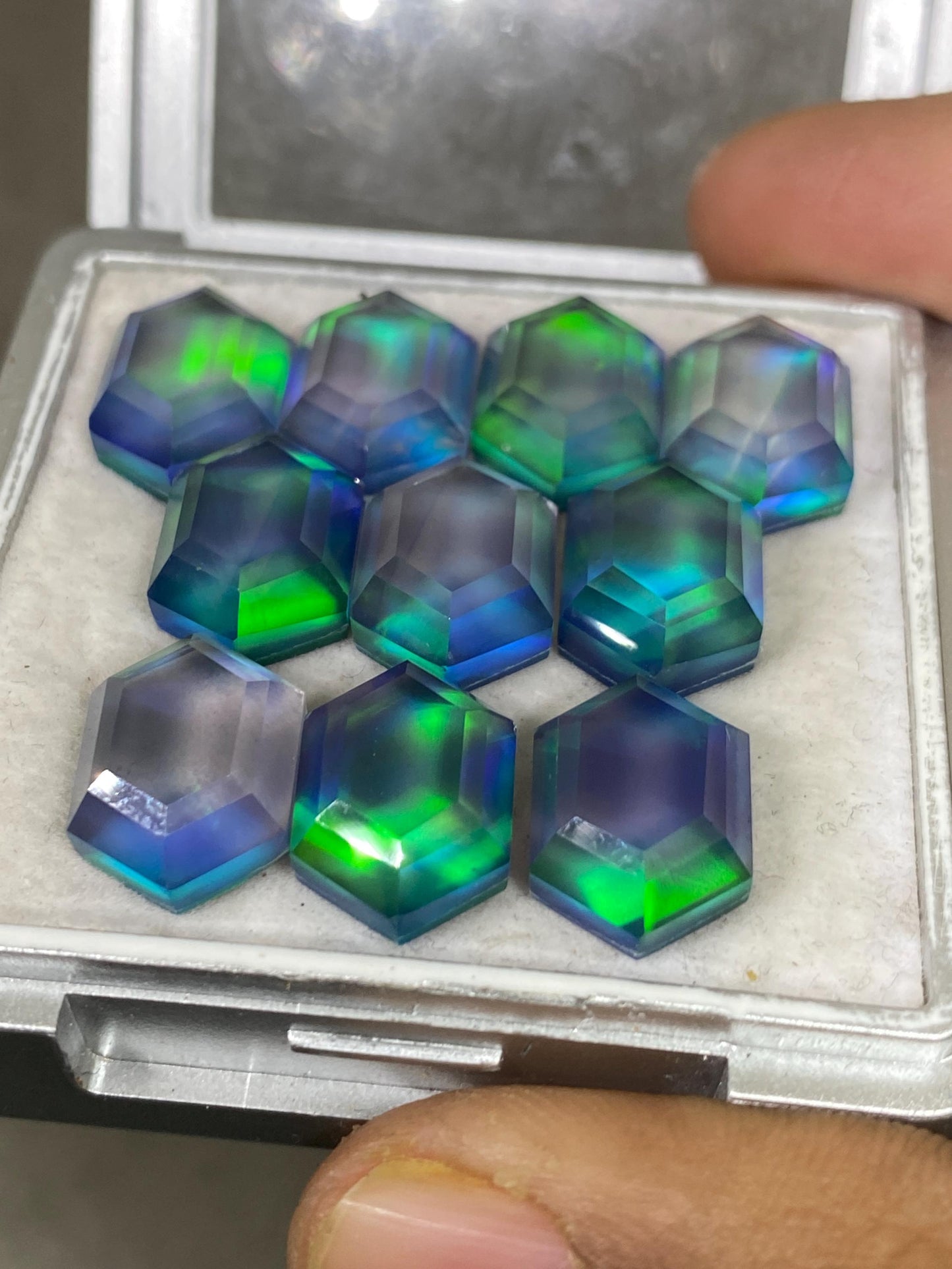 Attractive Multi green blue fire aurora opal and crystal doublet mirror cut Hexagon pcs 10 wt 62 cts rare size 14x10mm ring pendant supply