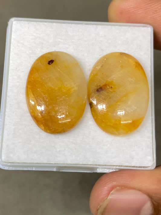 Lovely very rare Tanzania mines yellow sapphire oval cabochons pair smooth Bicolor wt 32.70 cts pcs 2 size 23x16mm sapphire oval cabochons