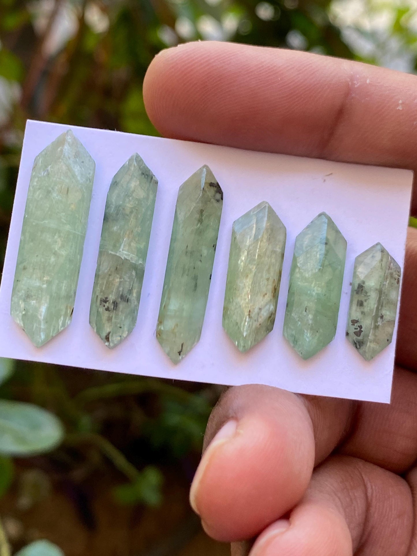 Stunning rare moss green kyanite hexagon elongated flats fine quality size 17x6-21x8mm wt 42.9 cts pcs 6 moss green hexagon