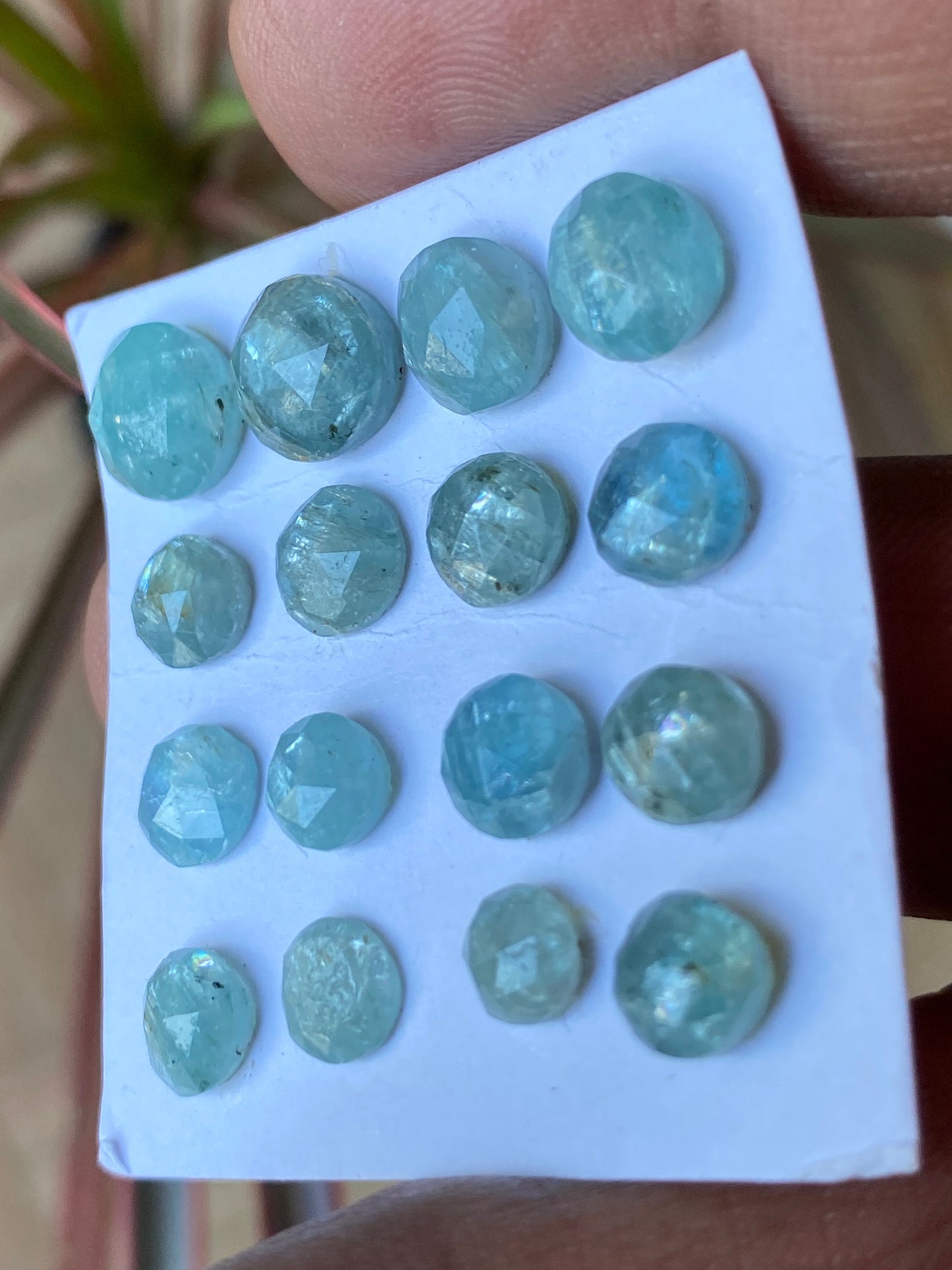 Nice rare aqua kyanite rosecut round flats medium quality with inclusion lovely color weight 24 carats pcs 16 size 5.3mm-8.6mm rosecut