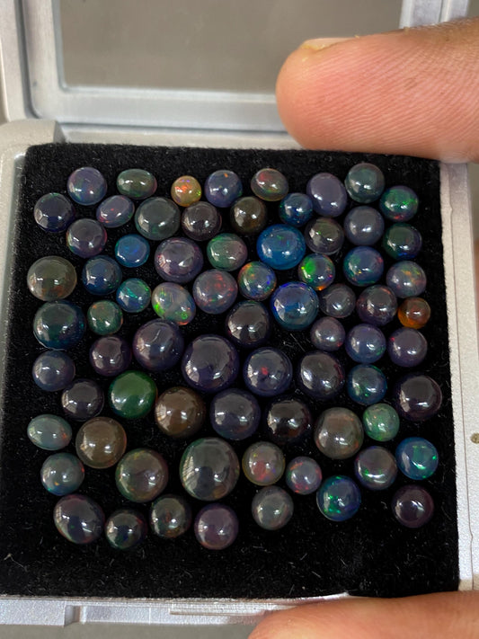 Fascinating Black opal (smoked) round opal Fire opal cabochons lot size wt 18.20 cts size 3mm-6mm pcs 71  fire black opals cabochons