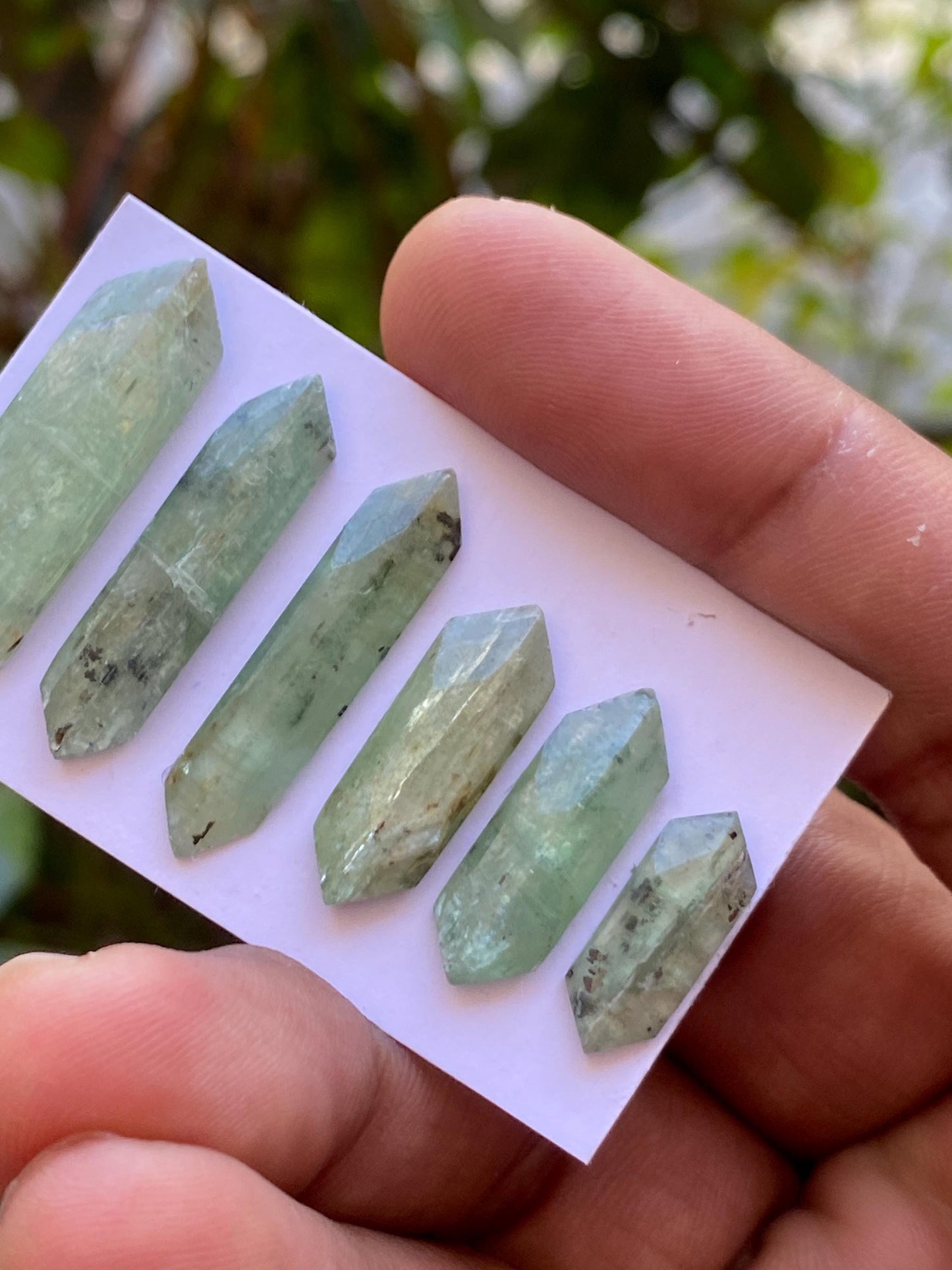 Stunning rare moss green kyanite hexagon elongated flats fine quality size 17x6-21x8mm wt 42.9 cts pcs 6 moss green hexagon