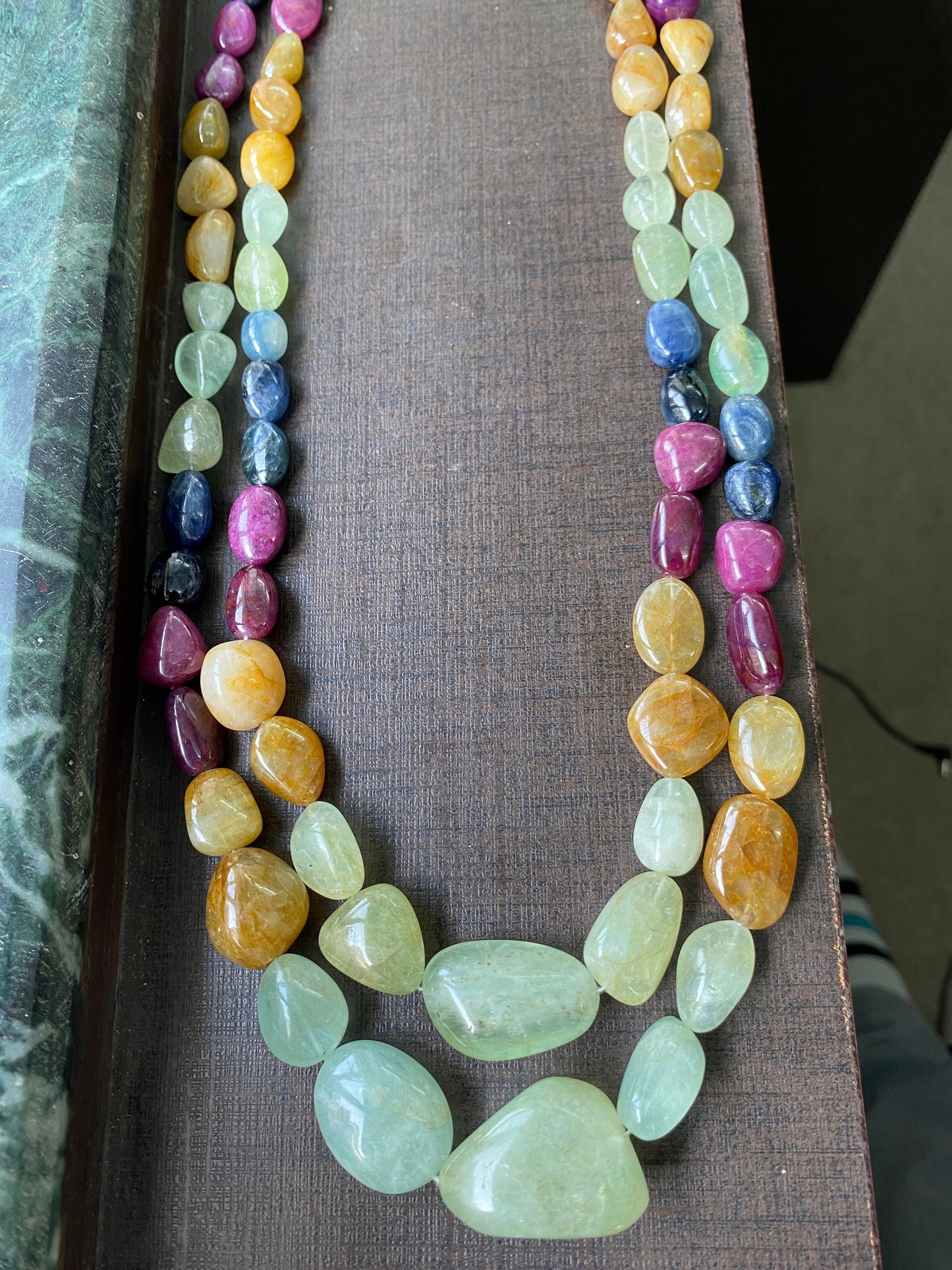 Multi Sapphire ruby emerald necklace smooth polished nuggets weight 895.5 carats size 10.8x8.8-31x21mm  length 17 inches 18 inches