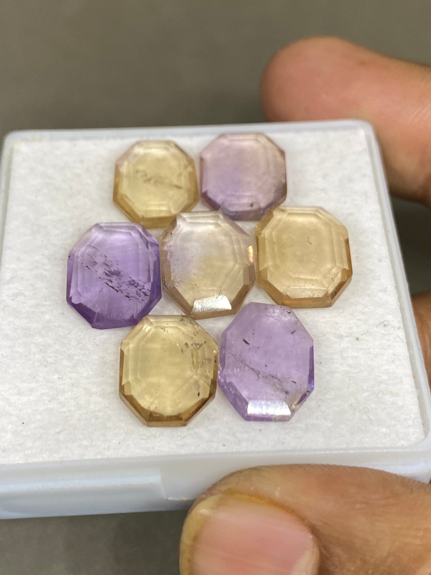 Amazing ametrine ovalish geometric  mirror cut big size aaa quality wt 35 cts pcs 7 size 14x10mm-14x11mmAmethyst citrine mirror cut hexagon