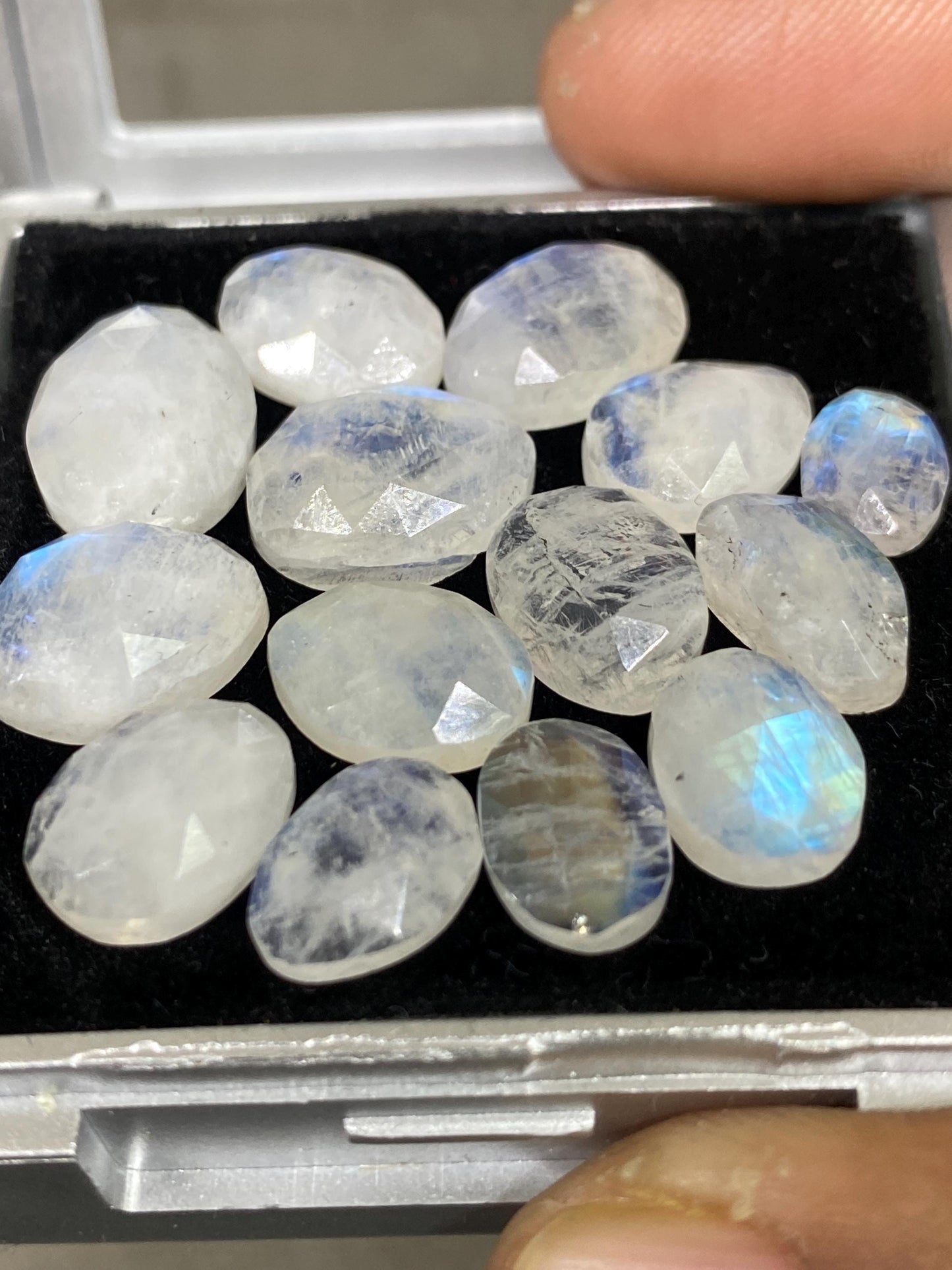 Cute Blue fire rainbow moonstone unusual faceted rosecut pcs 14 wt 46 cts size 8.5x6.5mm-13x10mm fire rainbow moonstone faceted moonstone