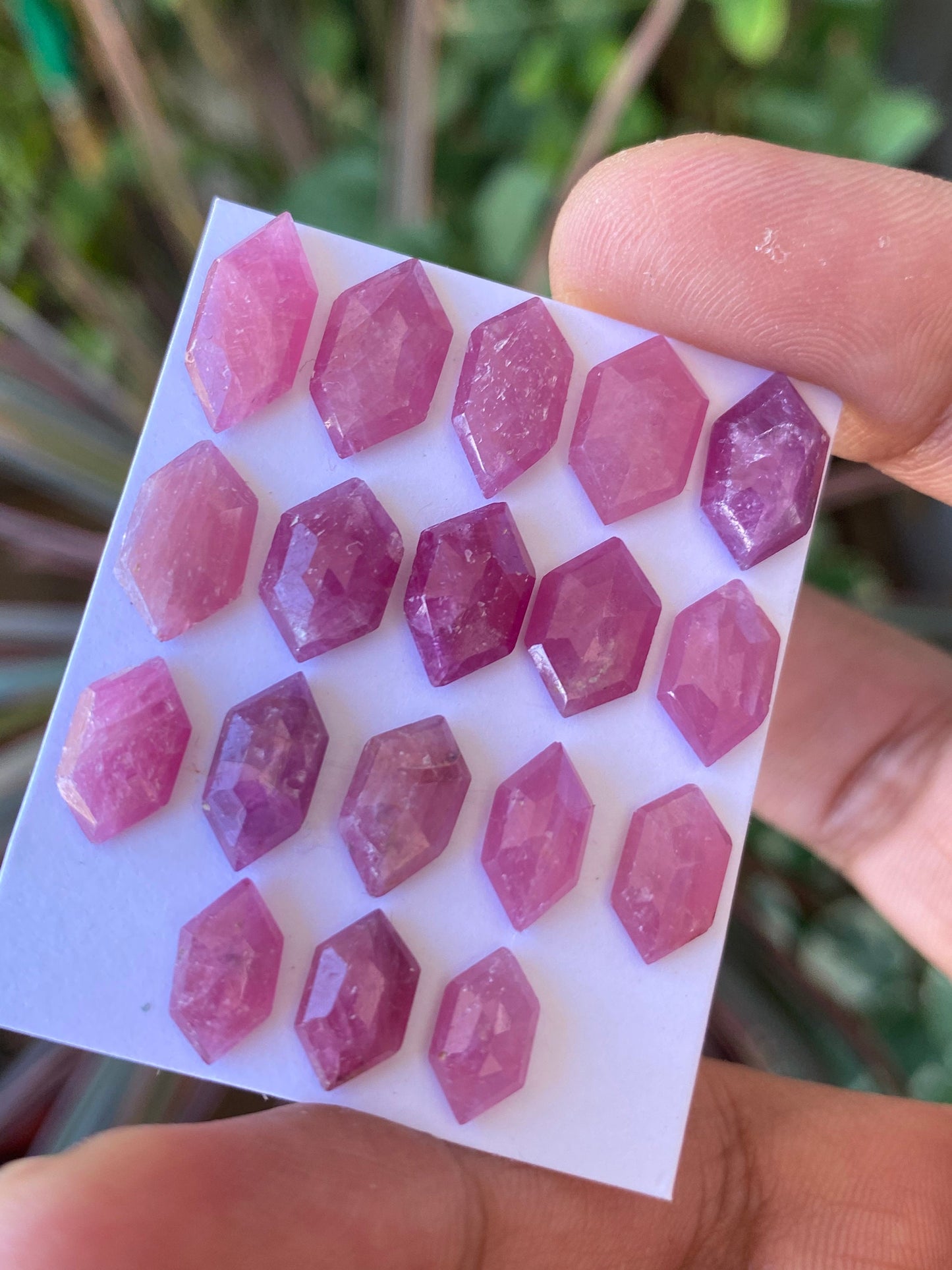 Fabulous rare natural unheated untreated ruby hexagon flat cut geometric pcs 18 wt 41.50 cts  size 9.9x5.7mm-14.3x6.6mm ruby mozambique mine