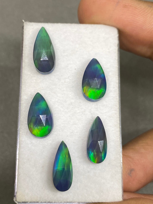 Cute green aurora opal and crystal doublet rosecut pear pcs 5 wt 12 carats  size 13x7-14x6mm ring pendant earring supply Aurora opal