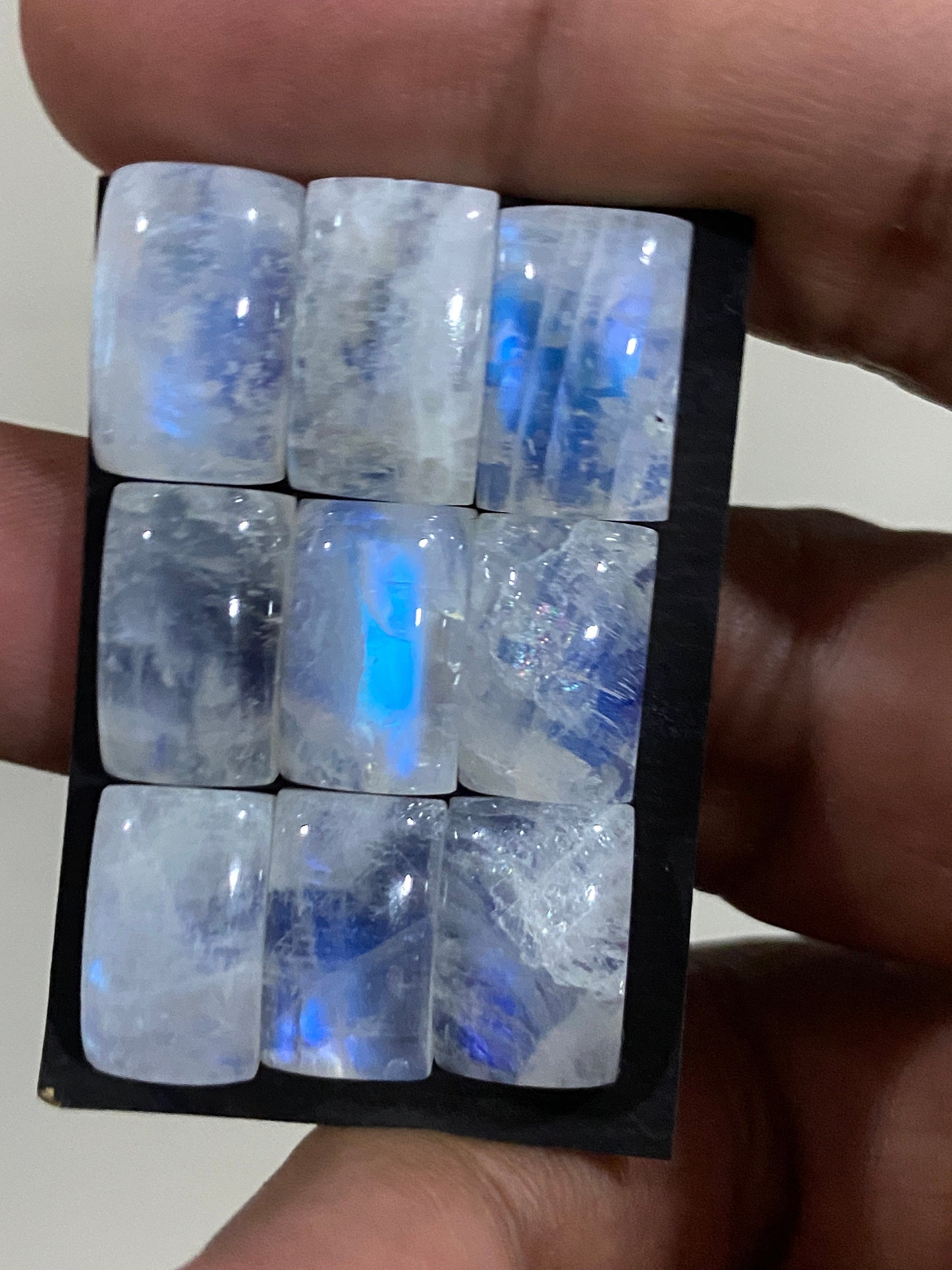 Vivacious Blue fire aaa white rainbow moonstone rectangle cushion cabochons  lot pcs 9 wt 60 cts size 13x8mm-14x9mm fire rainbow moonstone